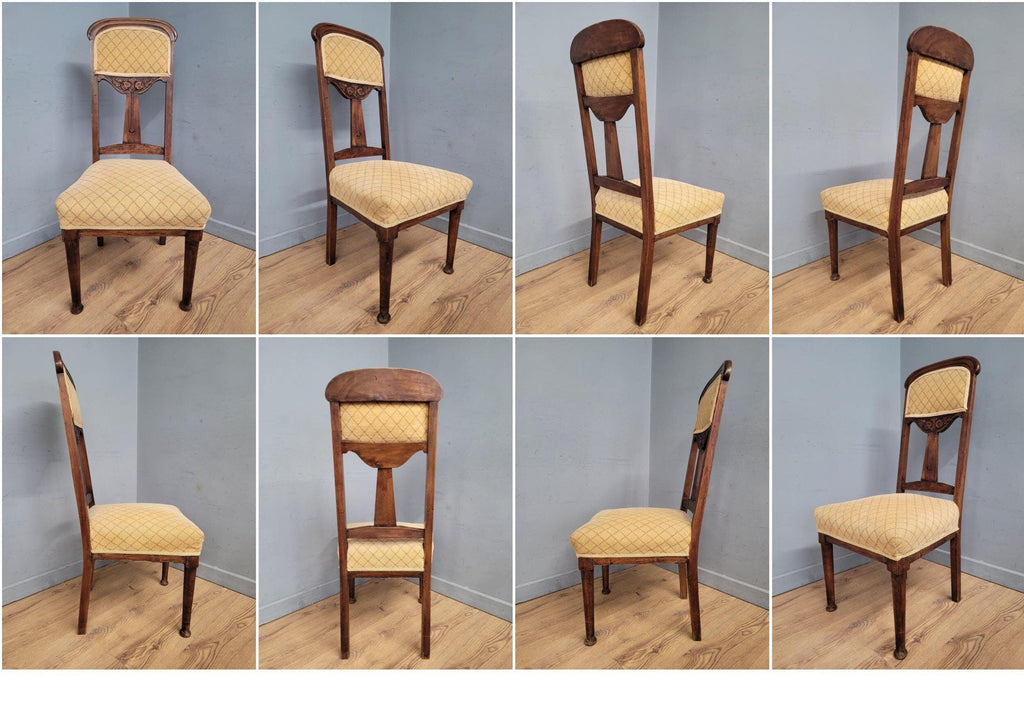 Four Vintage Art Nouveau Style Oak Dining Chairs Upholstered Seats and Backs