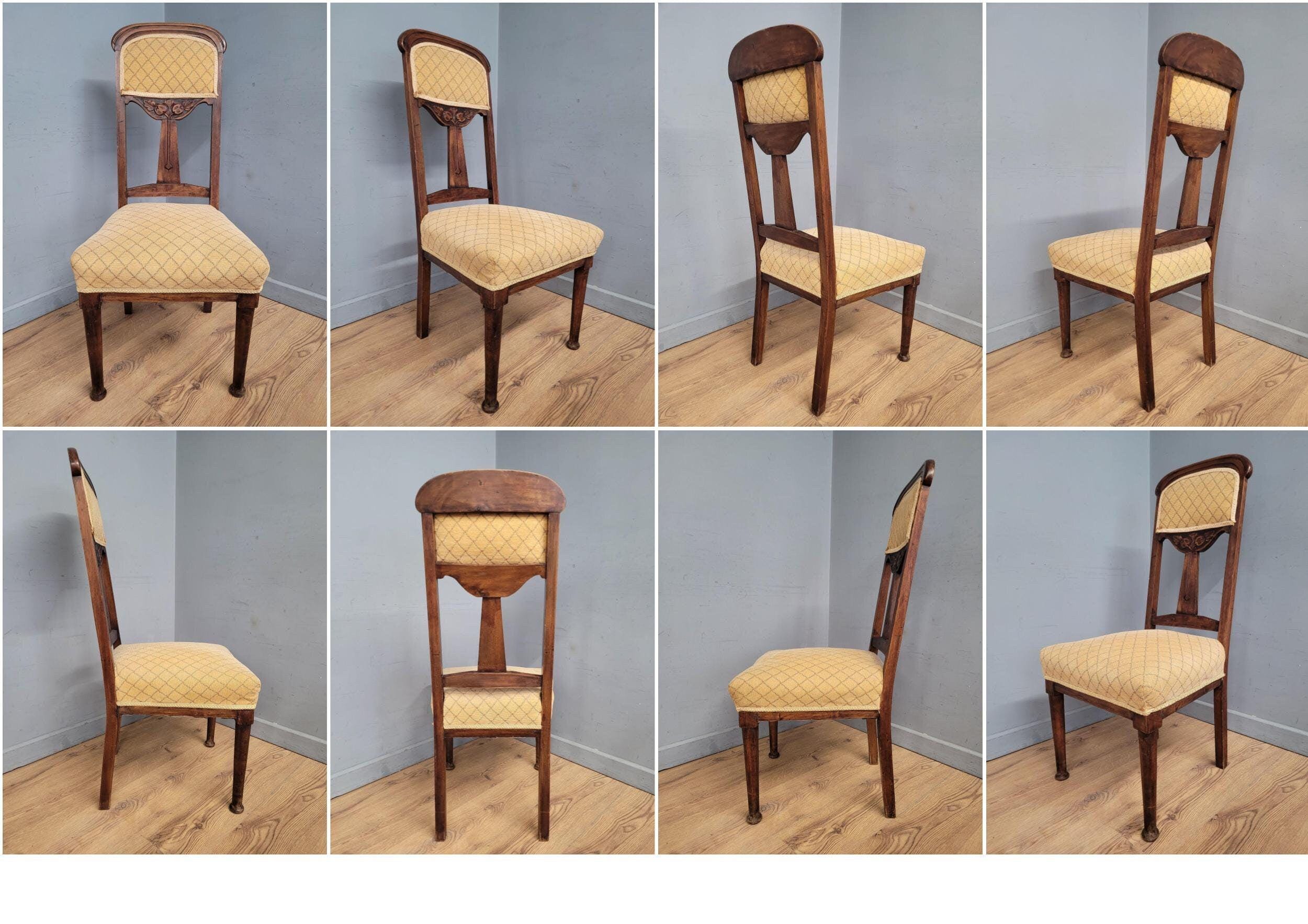 Four Vintage Art Nouveau Style Oak Dining Chairs Upholstered Seats and Backs