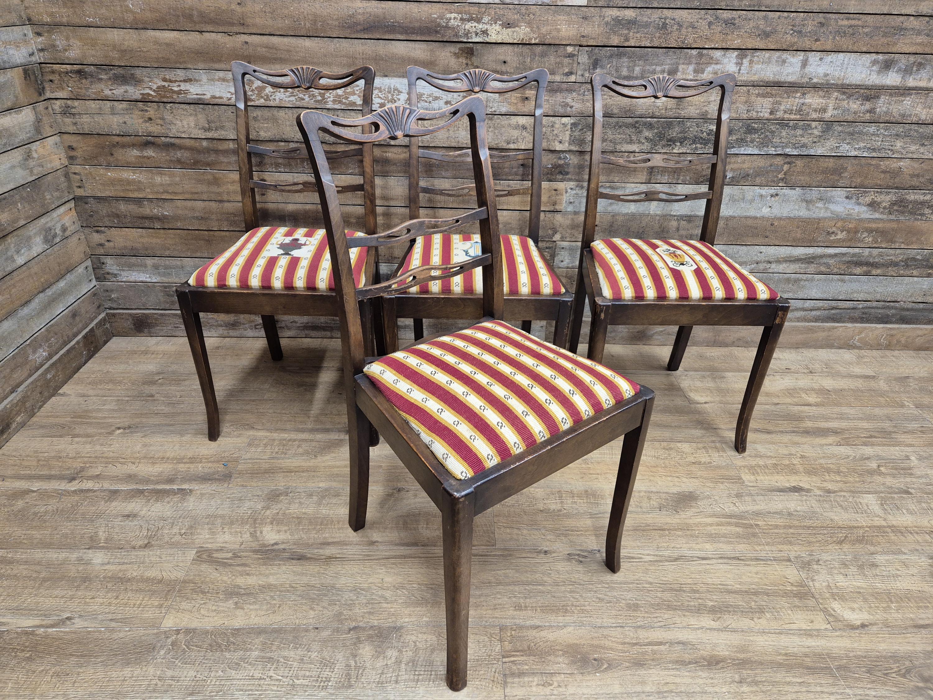 Four Vintage Ladder Back Wool Needlepoint Dining Chairs Pop Out Seat Pads