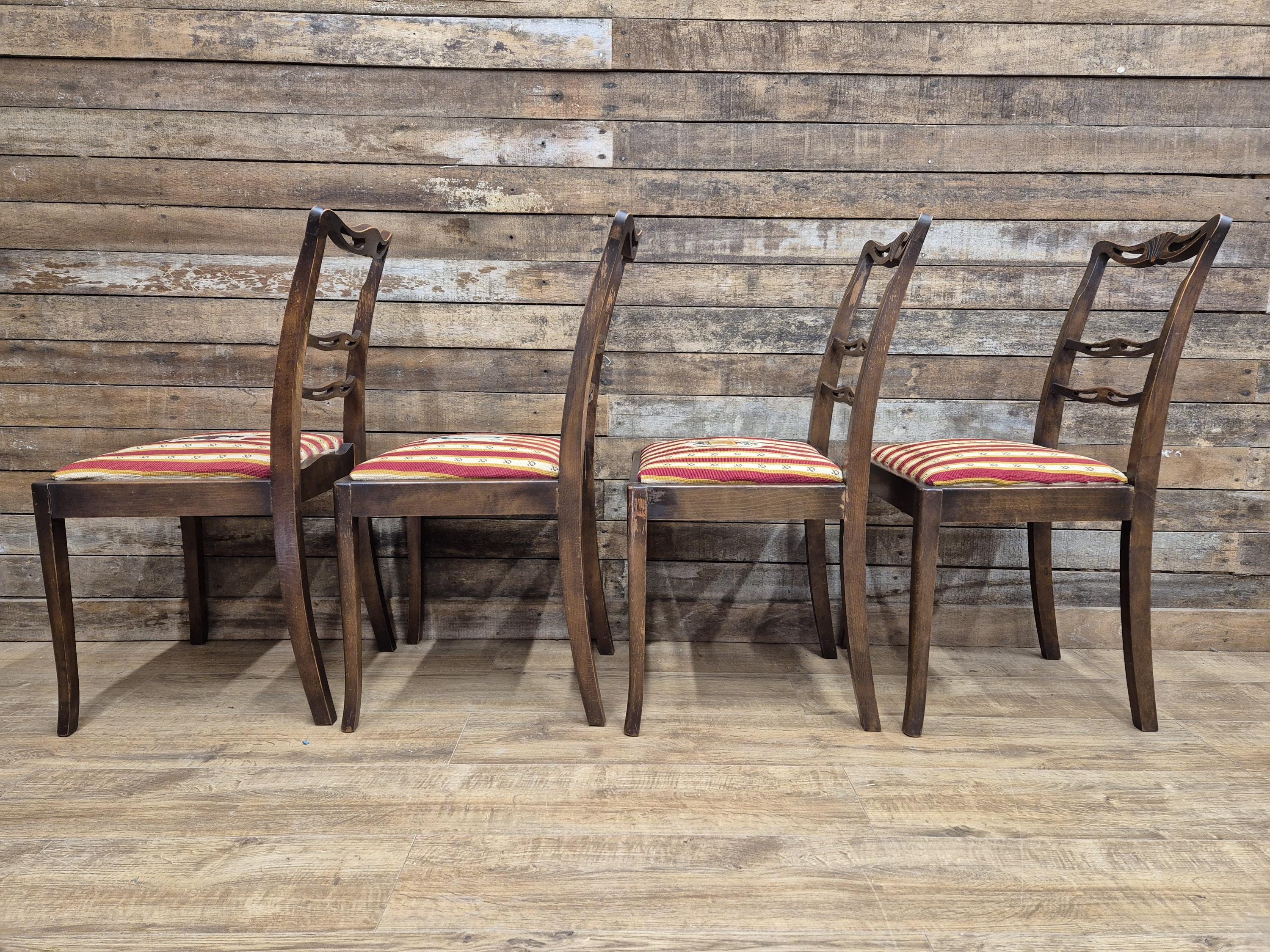 Four Vintage Ladder Back Wool Needlepoint Dining Chairs Pop Out Seat Pads