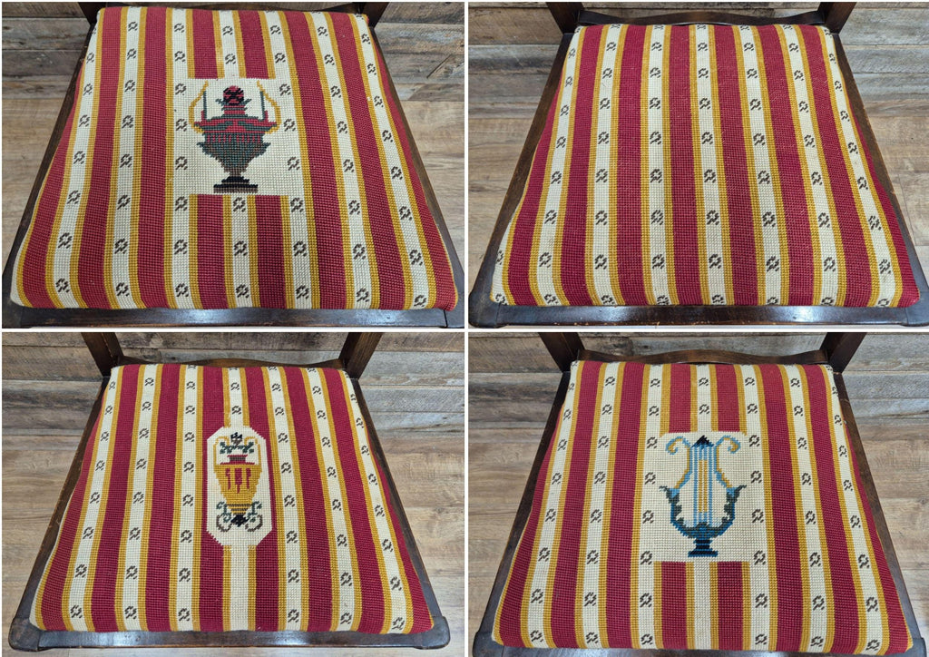 Four Vintage Ladder Back Wool Needlepoint Dining Chairs Pop Out Seat Pads