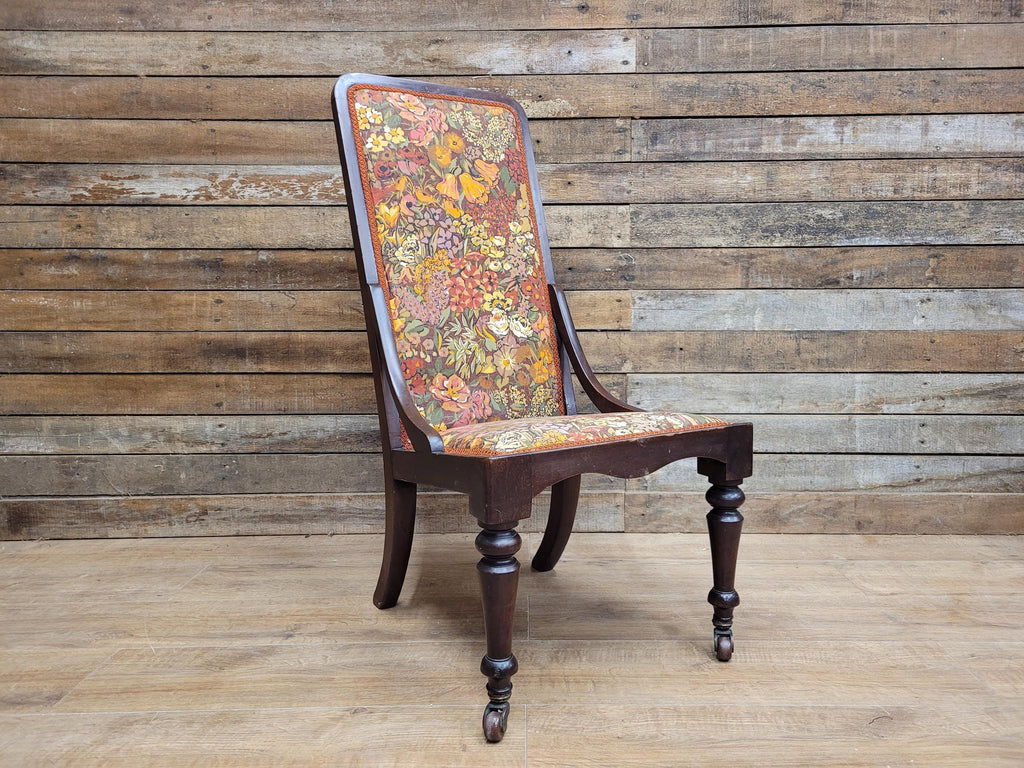Victorian Mahogany Tall Back Fireside Chair Floral Upholstery Original Castors
