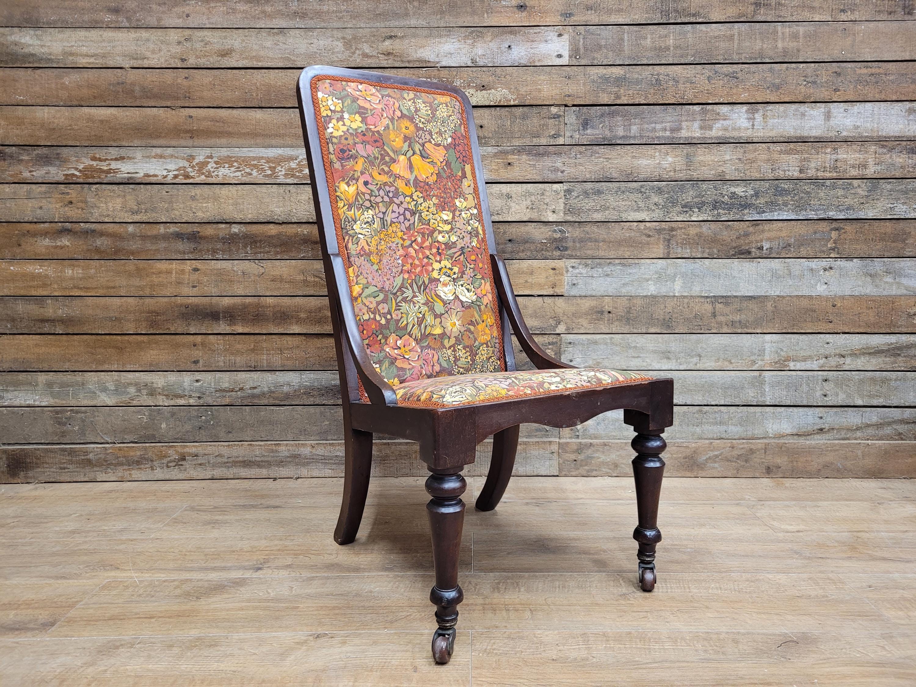 Victorian Mahogany Tall Back Fireside Chair Floral Upholstery Original Castors