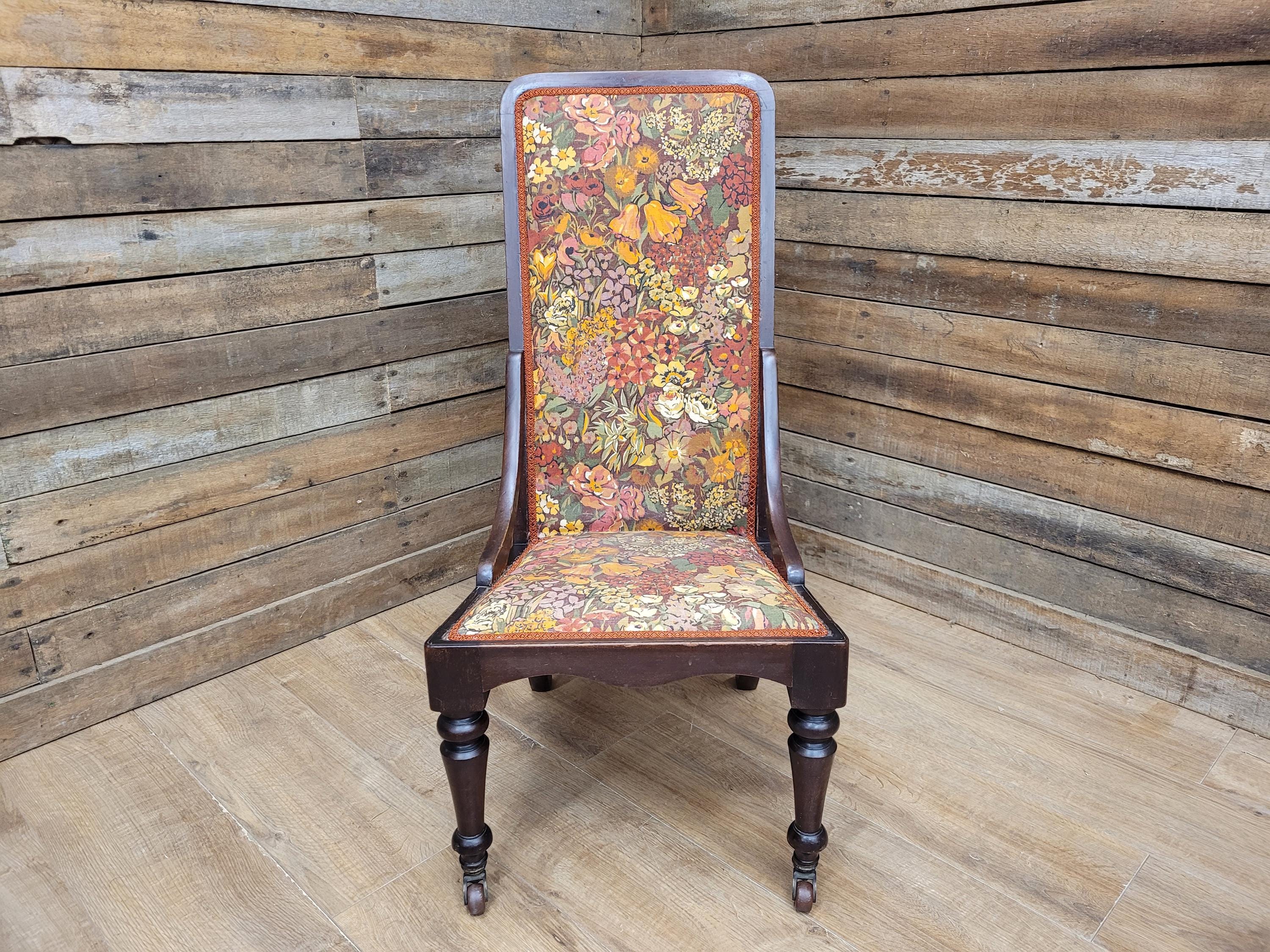 Victorian Mahogany Tall Back Fireside Chair Floral Upholstery Original Castors