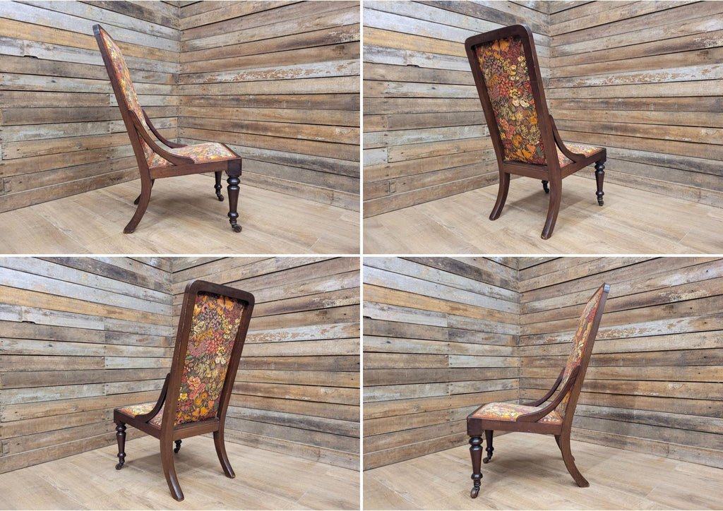 Victorian Mahogany Tall Back Fireside Chair Floral Upholstery Original Castors