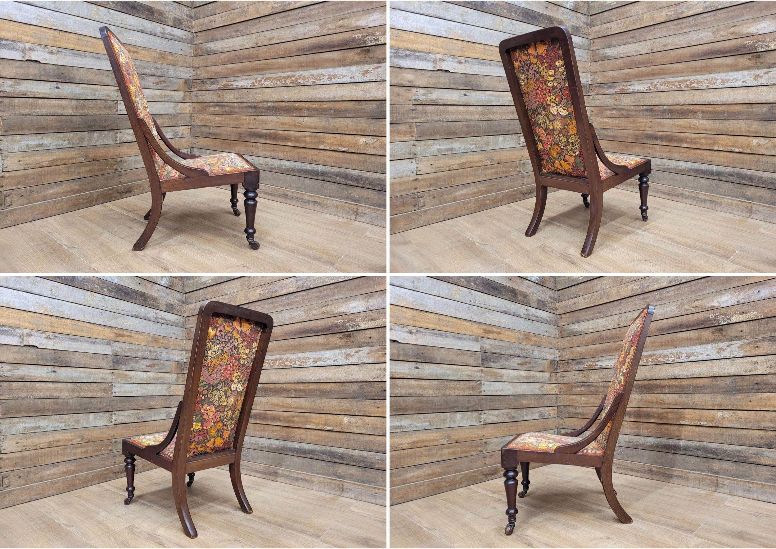 Victorian Mahogany Tall Back Fireside Chair Floral Upholstery Original Castors