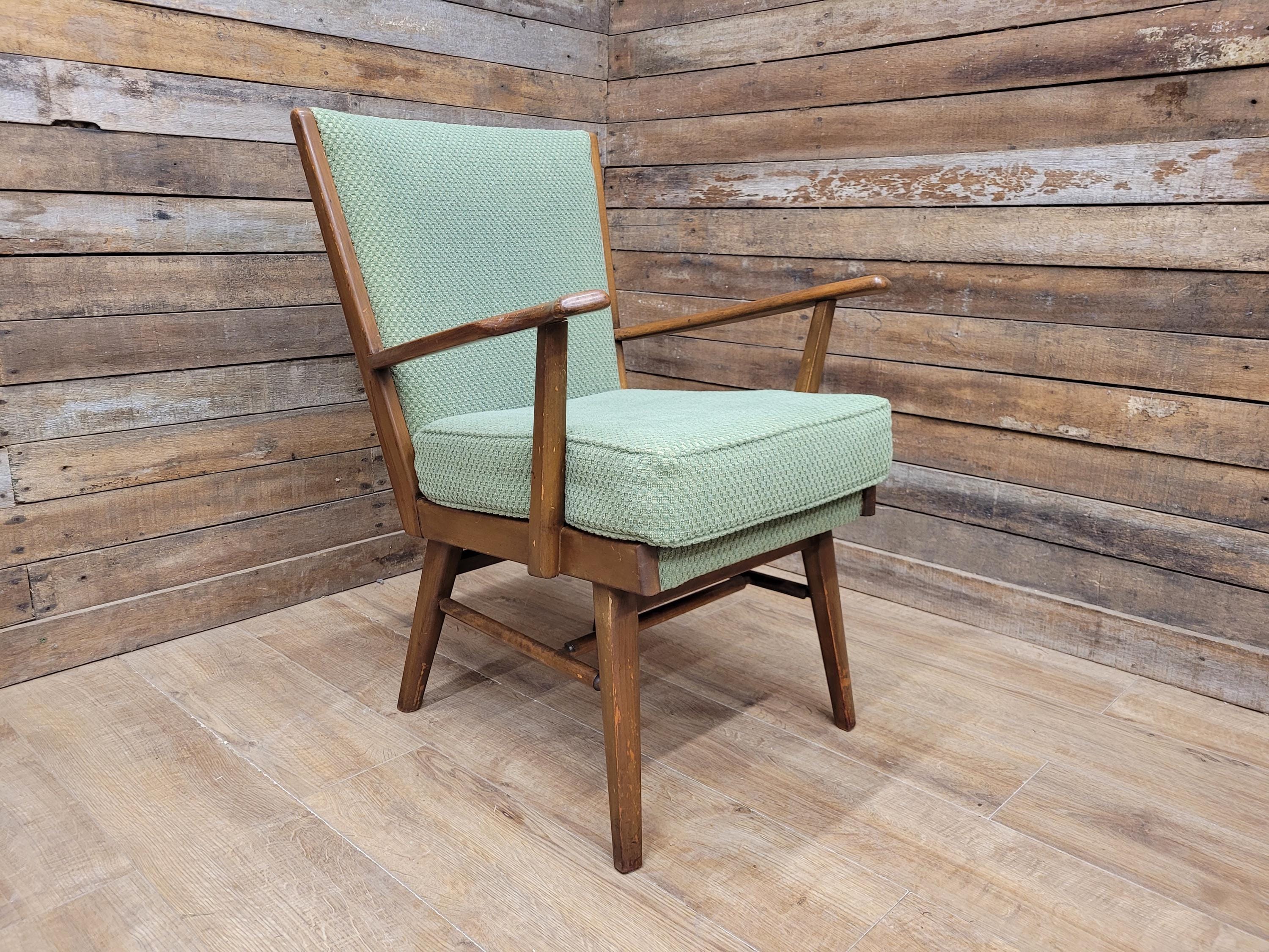 Vintage Mid Century Wooden Armchair Light Green Upholstery 1950s Lounge Chair