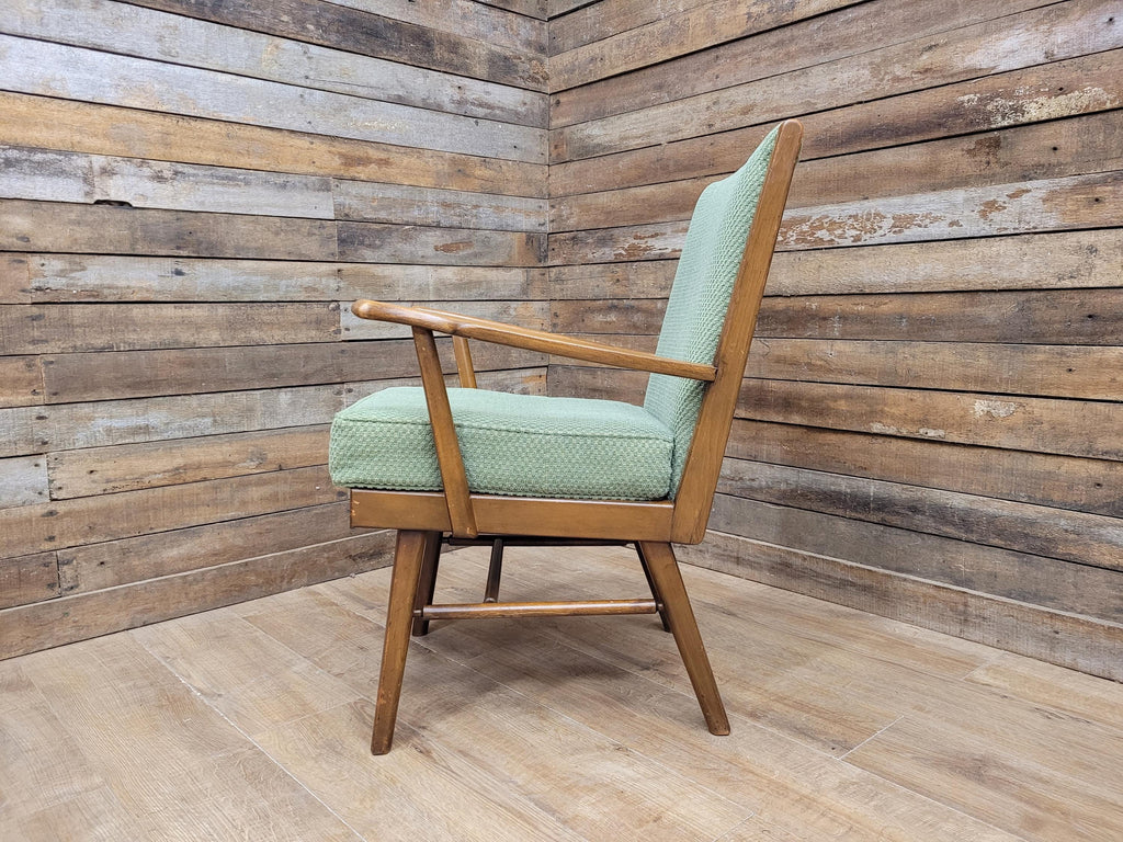 Vintage Mid Century Wooden Armchair Light Green Upholstery 1950s Lounge Chair