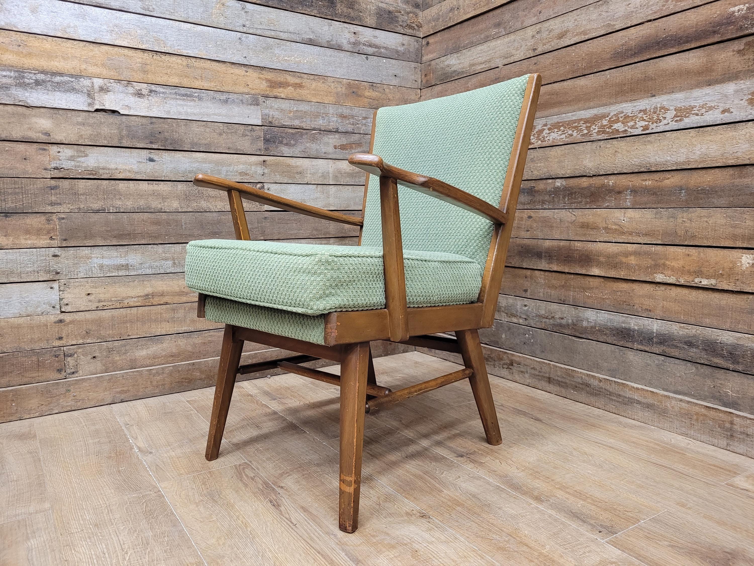 Vintage Mid Century Wooden Armchair Light Green Upholstery 1950s Lounge Chair