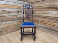 Antique Ornate Barley Twist Carved Throne Style Chair Blue Velvet Seat