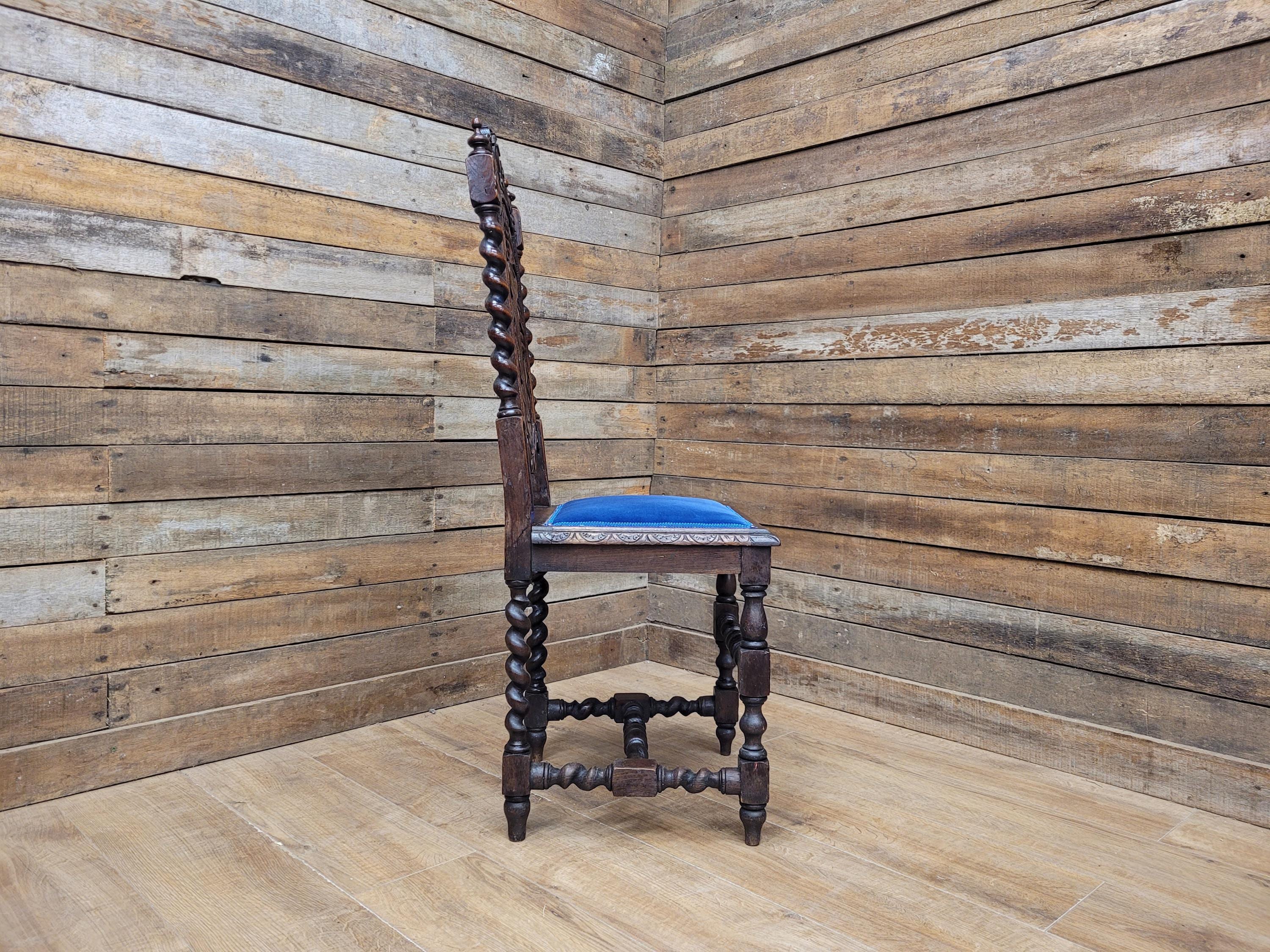 Antique Ornate Barley Twist Carved Throne Style Chair Blue Velvet Seat