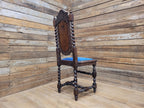 Antique Ornate Barley Twist Carved Throne Style Chair Blue Velvet Seat