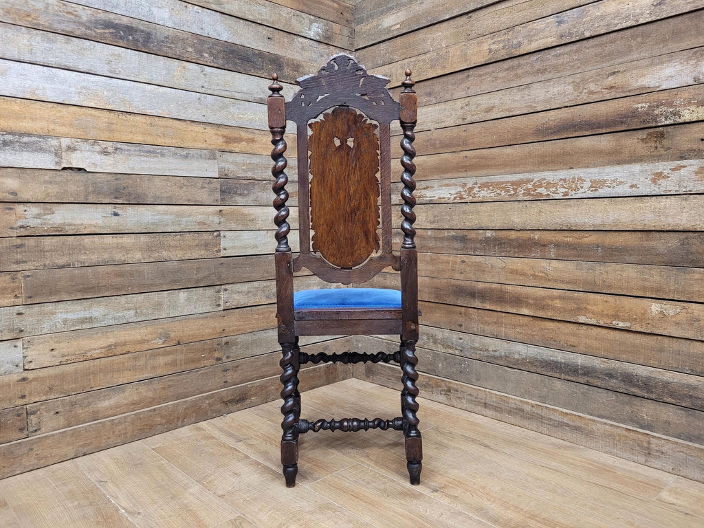 Antique Ornate Barley Twist Carved Throne Style Chair Blue Velvet Seat