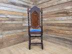 Antique Ornate Barley Twist Carved Throne Style Chair Blue Velvet Seat