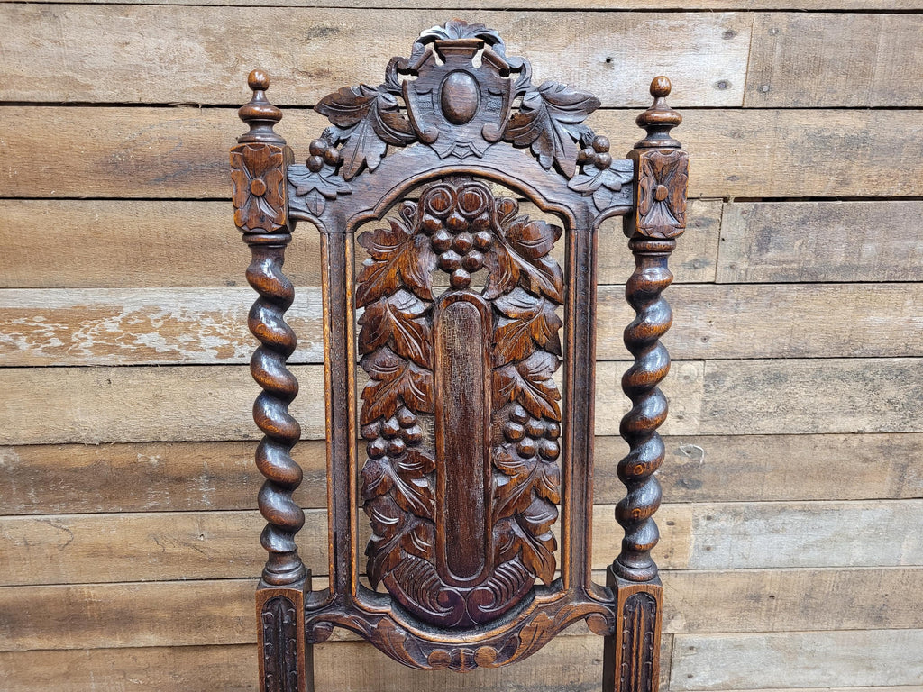 Antique Ornate Barley Twist Carved Throne Style Chair Blue Velvet Seat