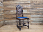 Antique Ornate Barley Twist Carved Throne Style Chair Blue Velvet Seat