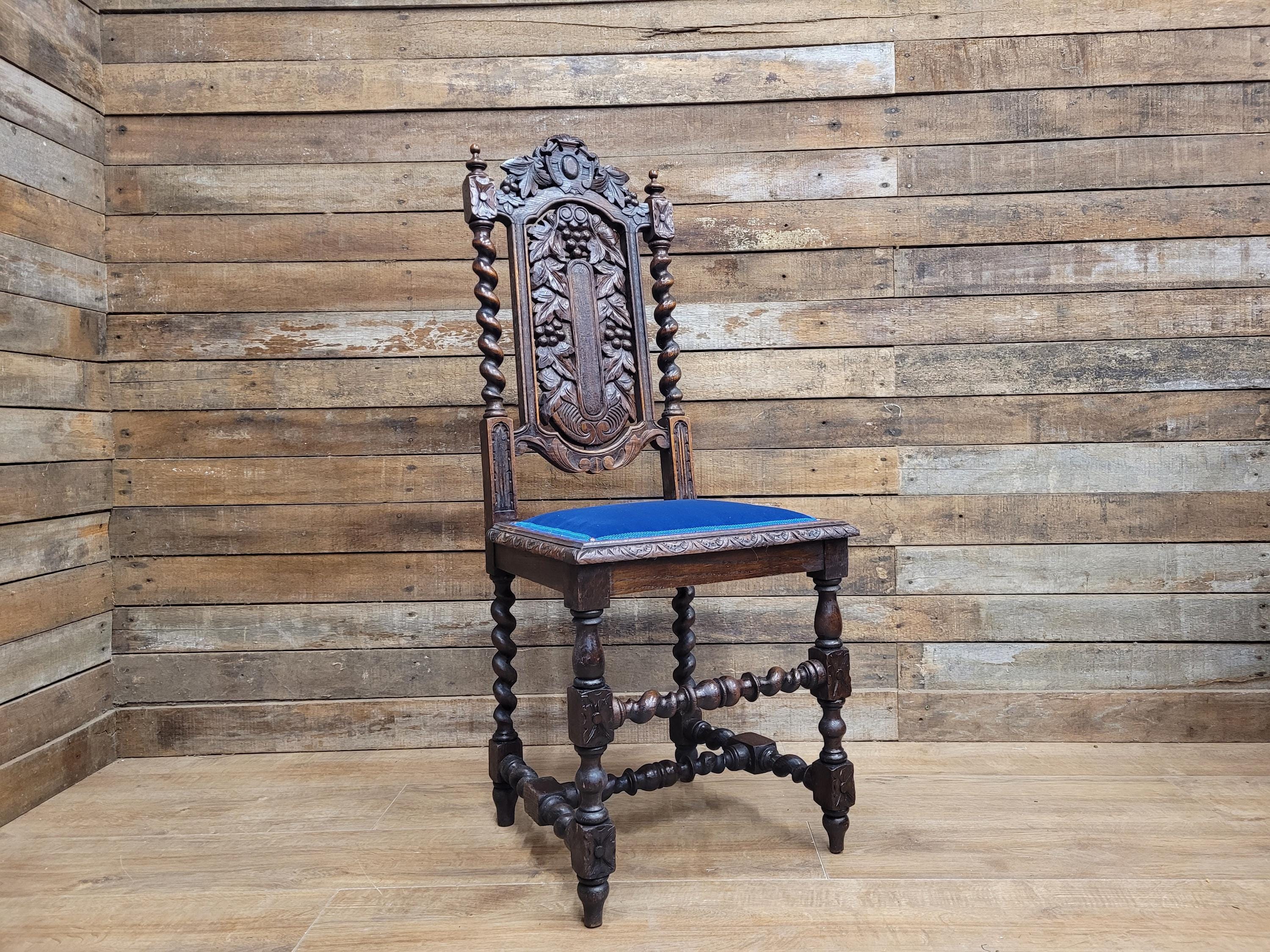 Antique Ornate Barley Twist Carved Throne Style Chair Blue Velvet Seat