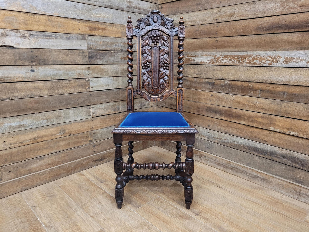 Antique Ornate Barley Twist Carved Throne Style Chair Blue Velvet Seat