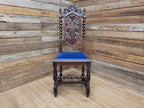 Antique Ornate Barley Twist Carved Throne Style Chair Blue Velvet Seat