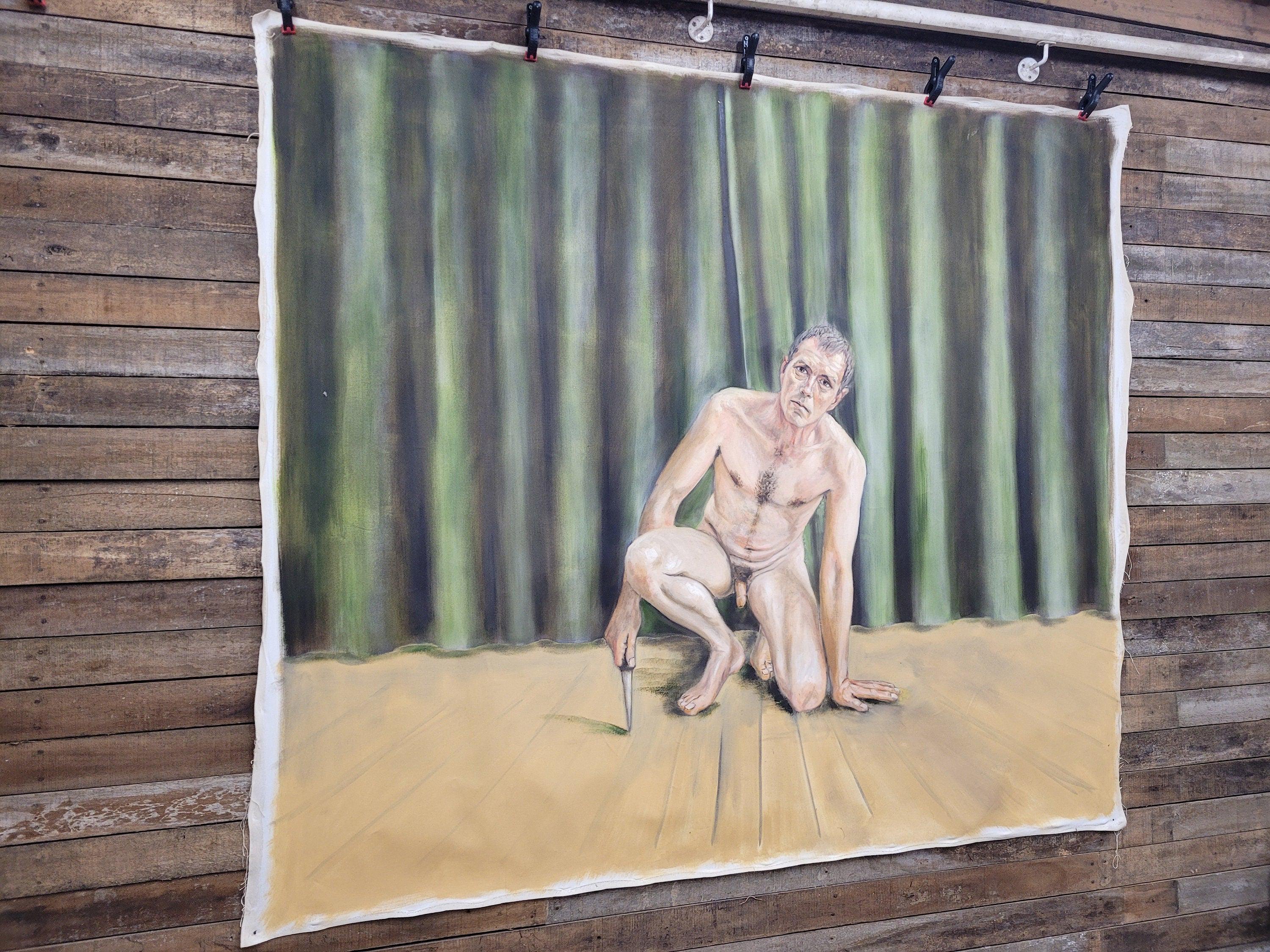 Large 8ft Contemporary Oil Painting Male Nude with Knife Modern Figurative Art