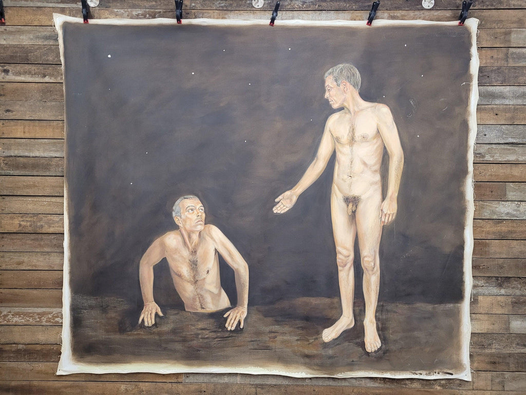 Large 180x208cm Contemporary Oil Painting Male Nude Figures Symbolic Modern Art
