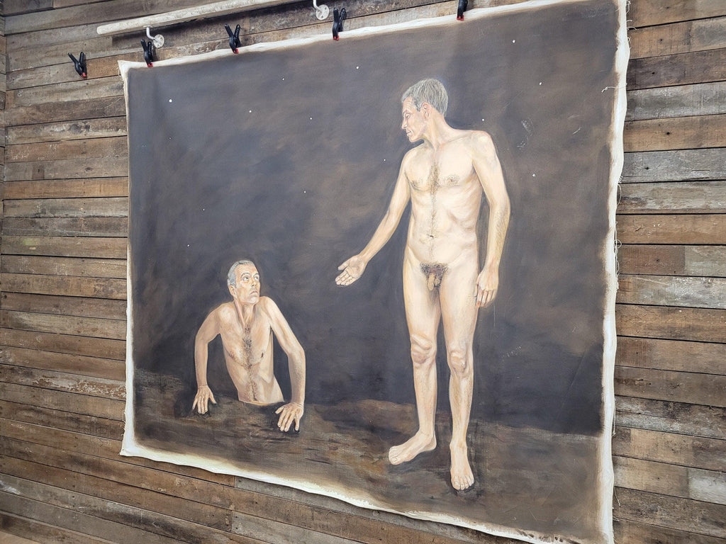 Large 180x208cm Contemporary Oil Painting Male Nude Figures Symbolic Modern Art