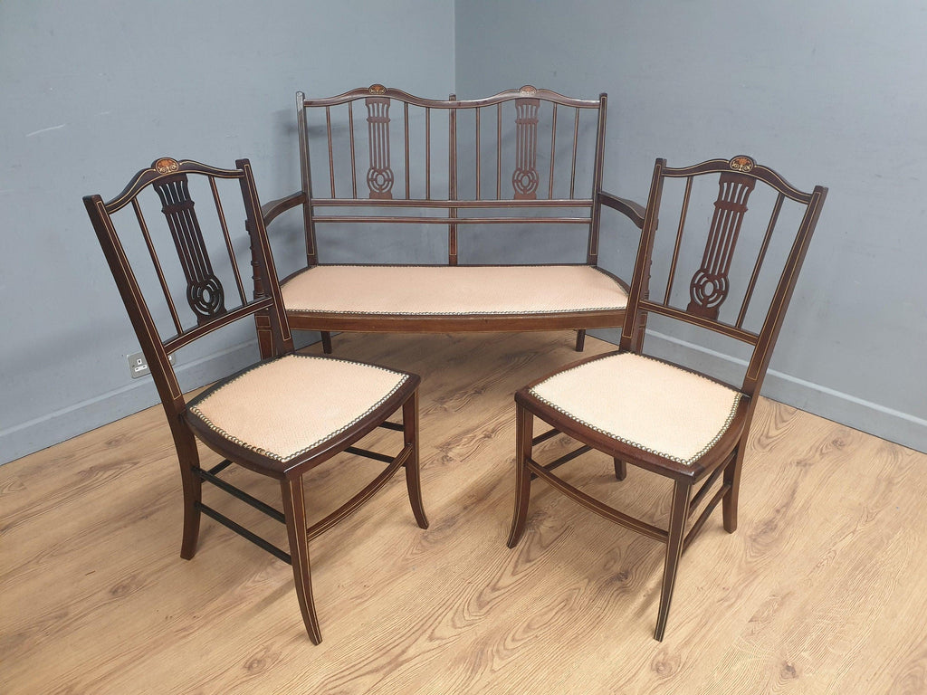 Antique Edwardian Saloon Sofa and Two Chair Fret Back Inlaid Marquetry Detailing