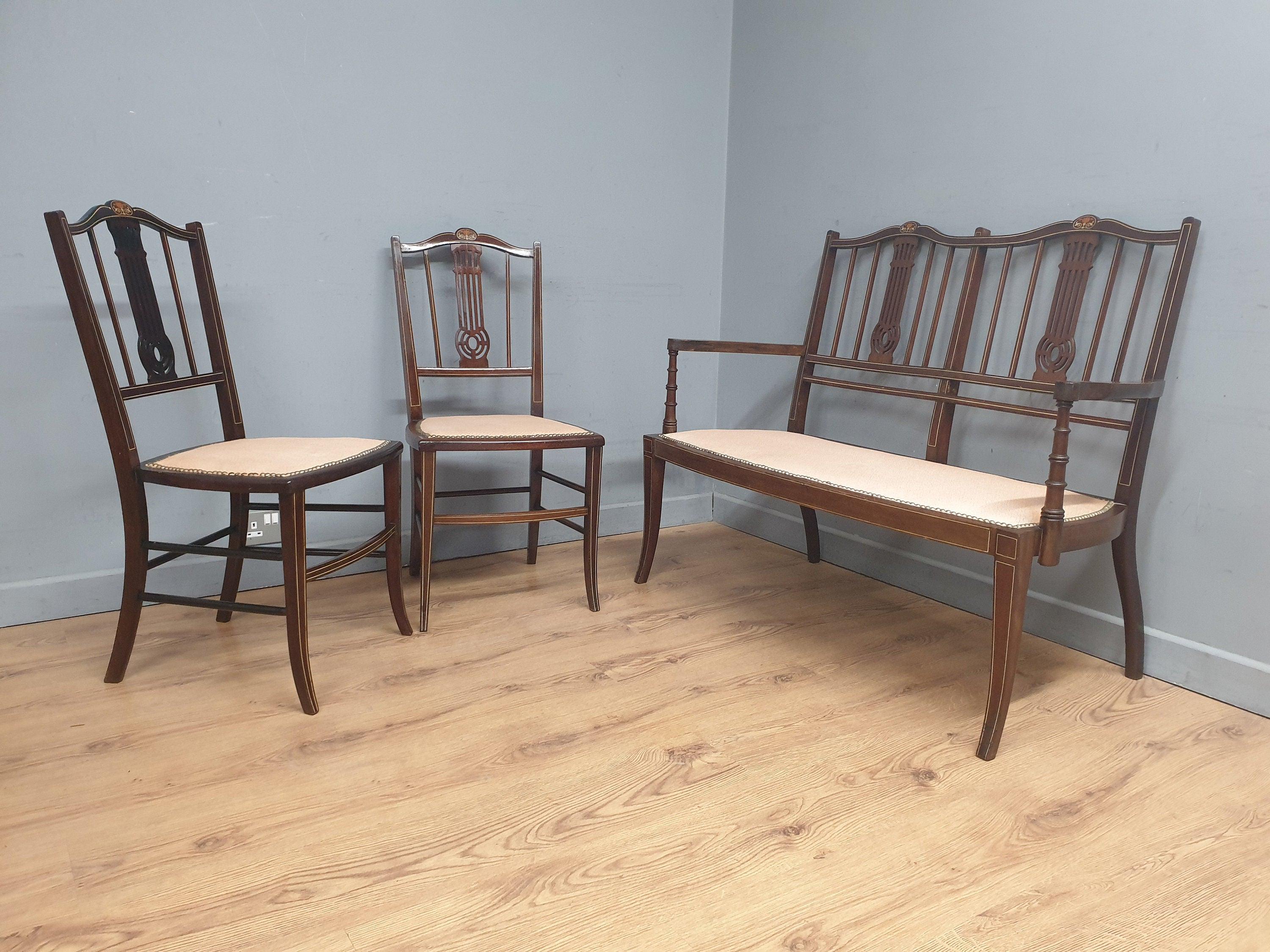 Antique Edwardian Saloon Sofa and Two Chair Fret Back Inlaid Marquetry Detailing