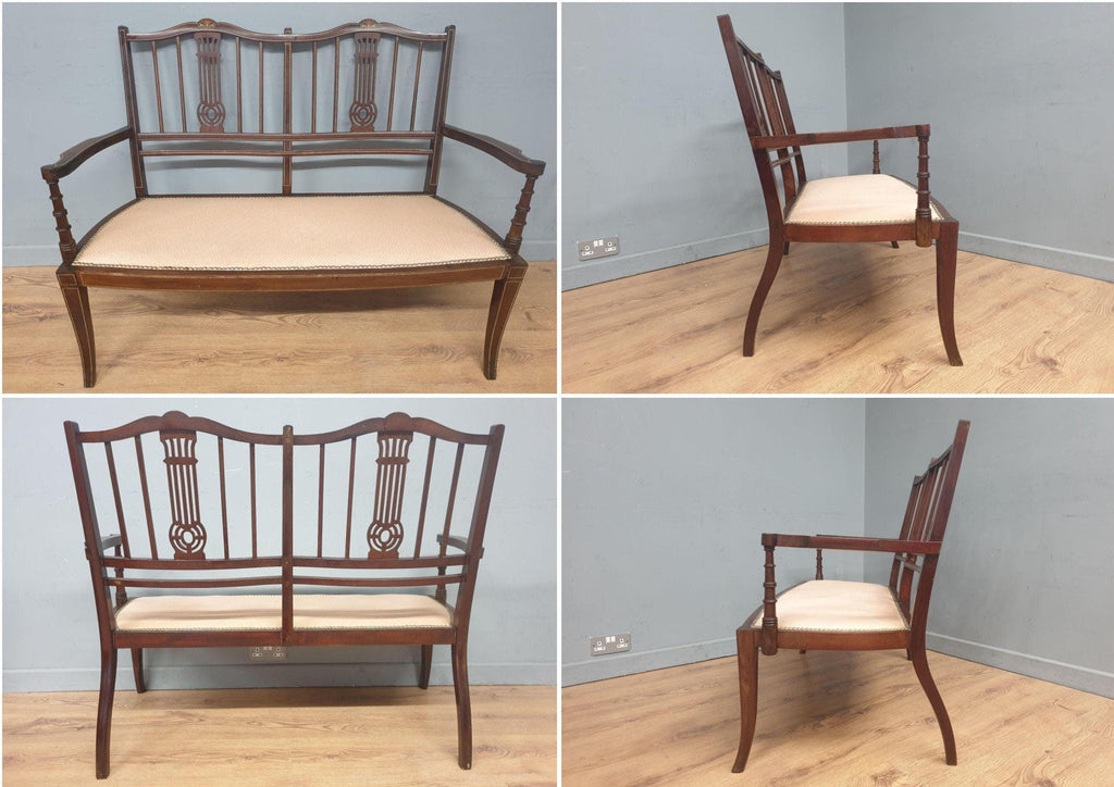 Antique Edwardian Saloon Sofa and Two Chair Fret Back Inlaid Marquetry Detailing