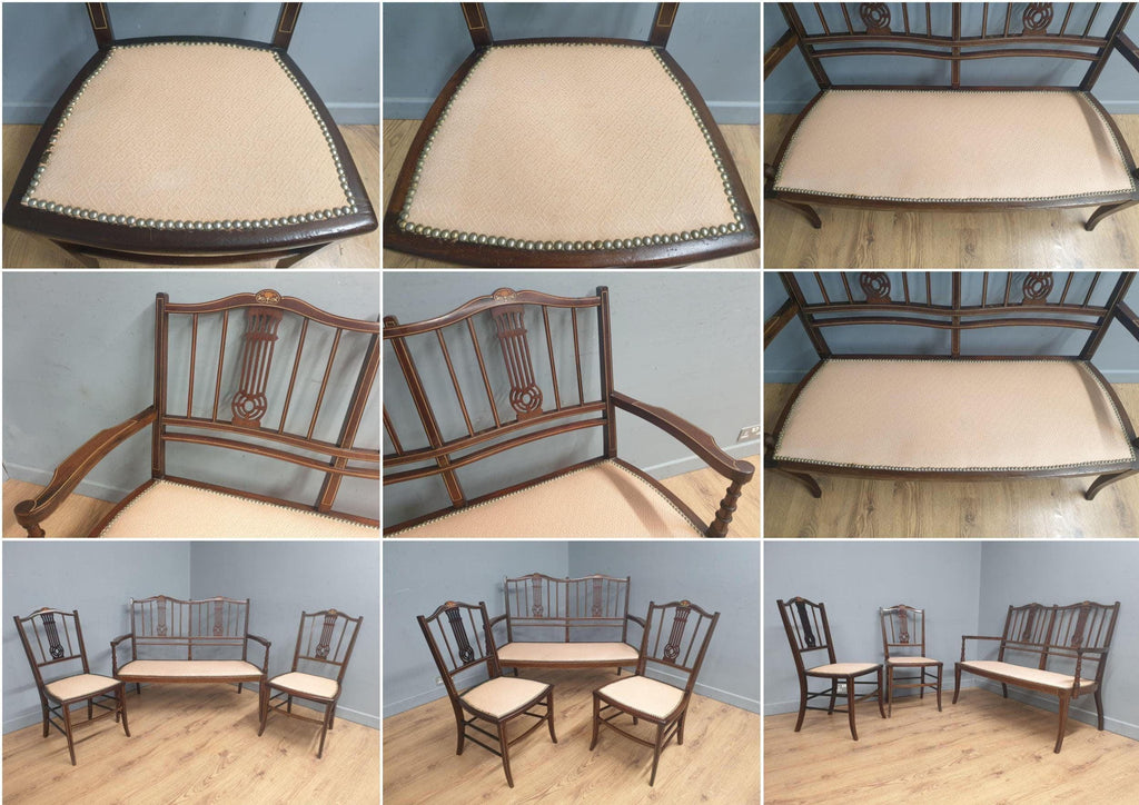 Antique Edwardian Saloon Sofa and Two Chair Fret Back Inlaid Marquetry Detailing