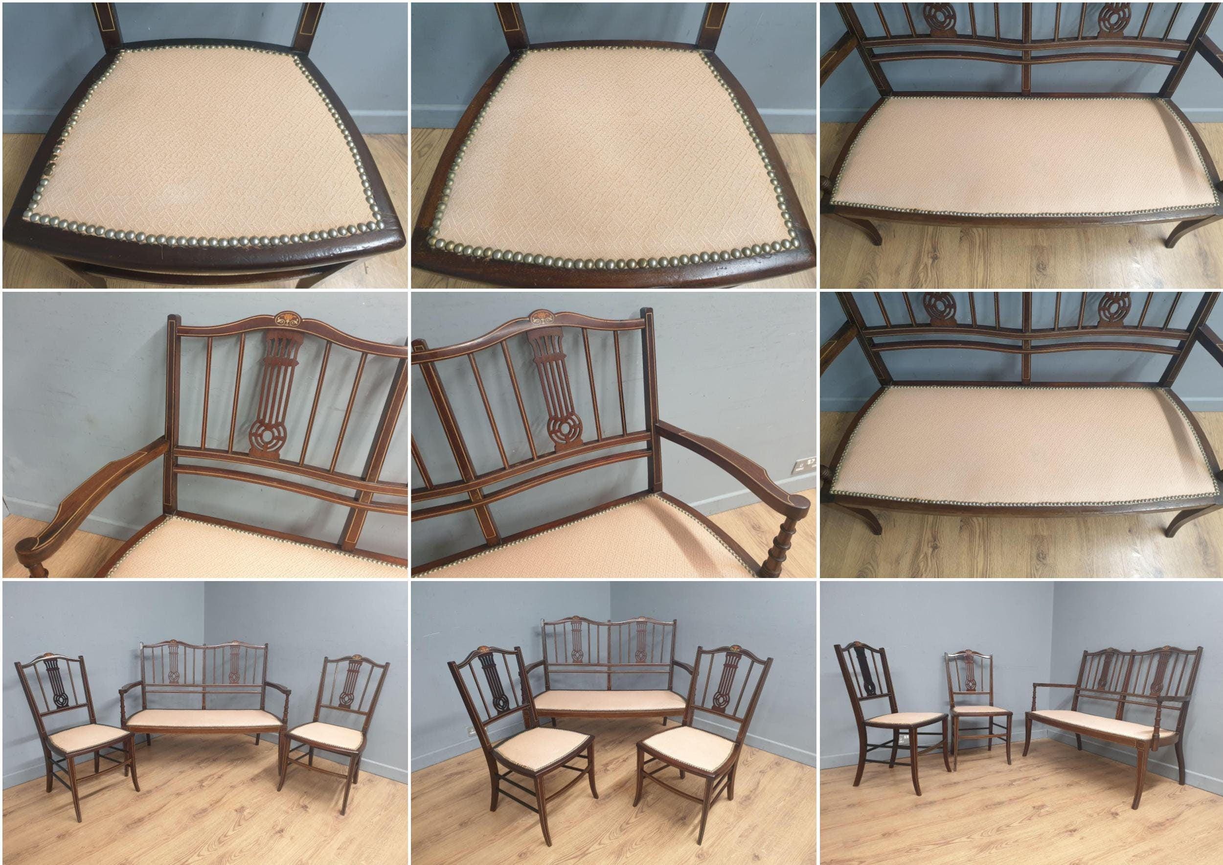 Antique Edwardian Saloon Sofa and Two Chair Fret Back Inlaid Marquetry Detailing