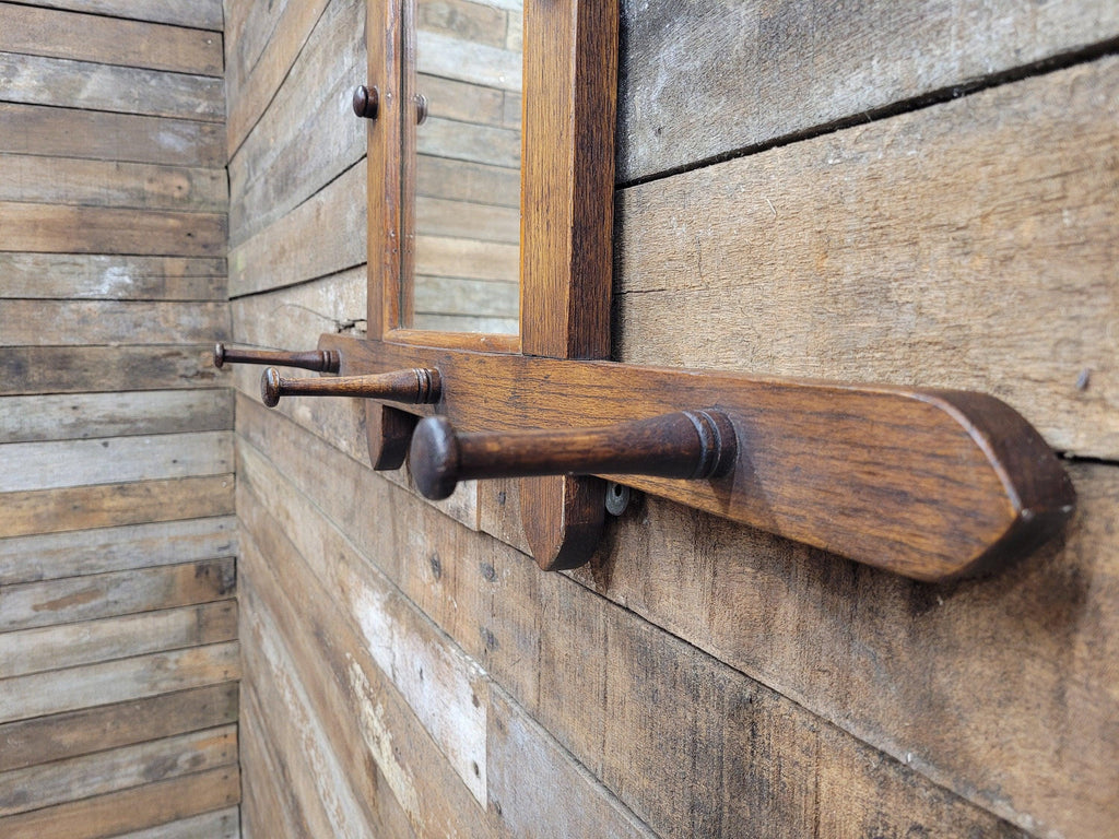 Antique Arts And Craft Oak Wall Mirror With Coat Hat Pegs