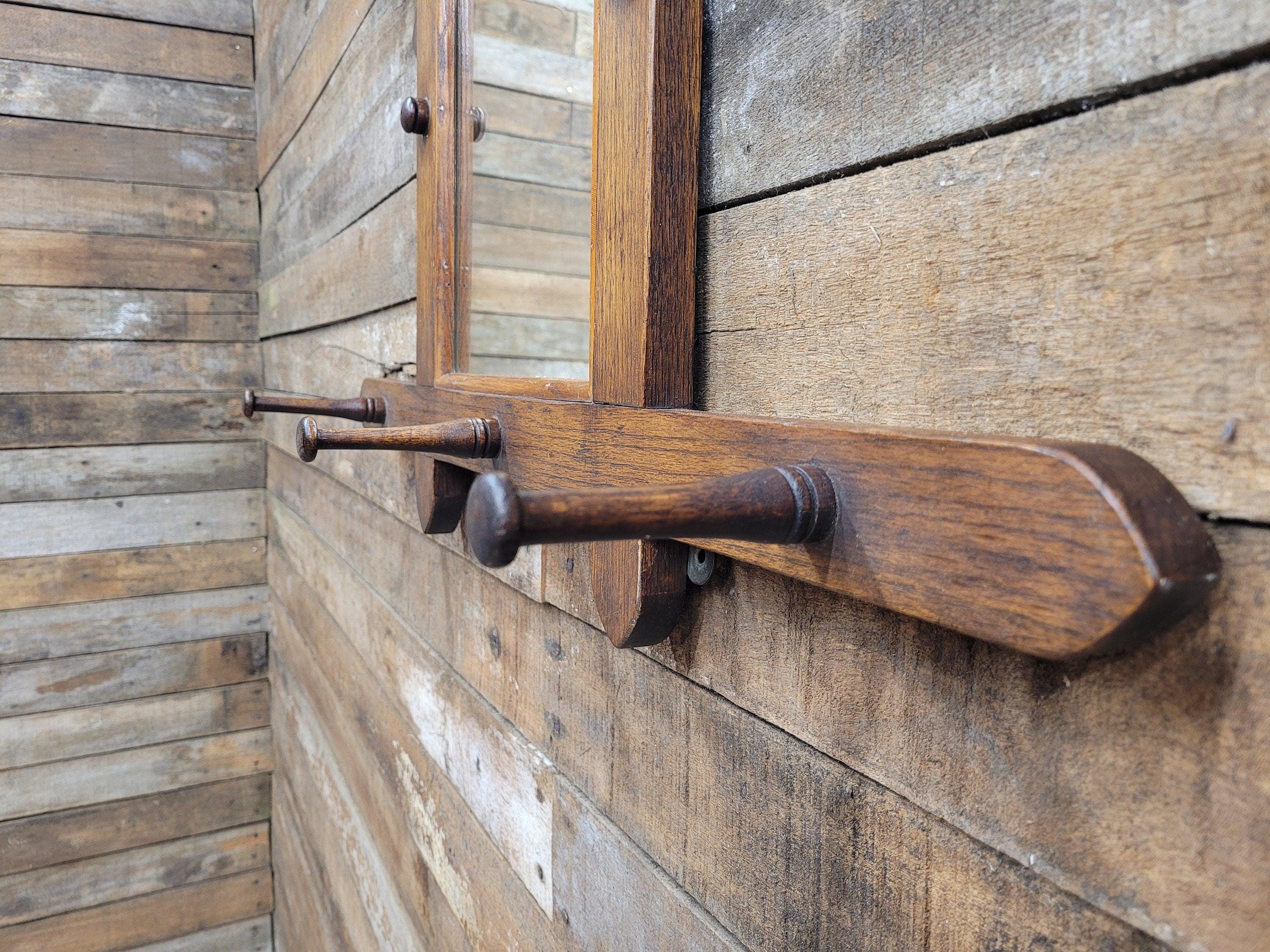 Antique Arts And Craft Oak Wall Mirror With Coat Hat Pegs