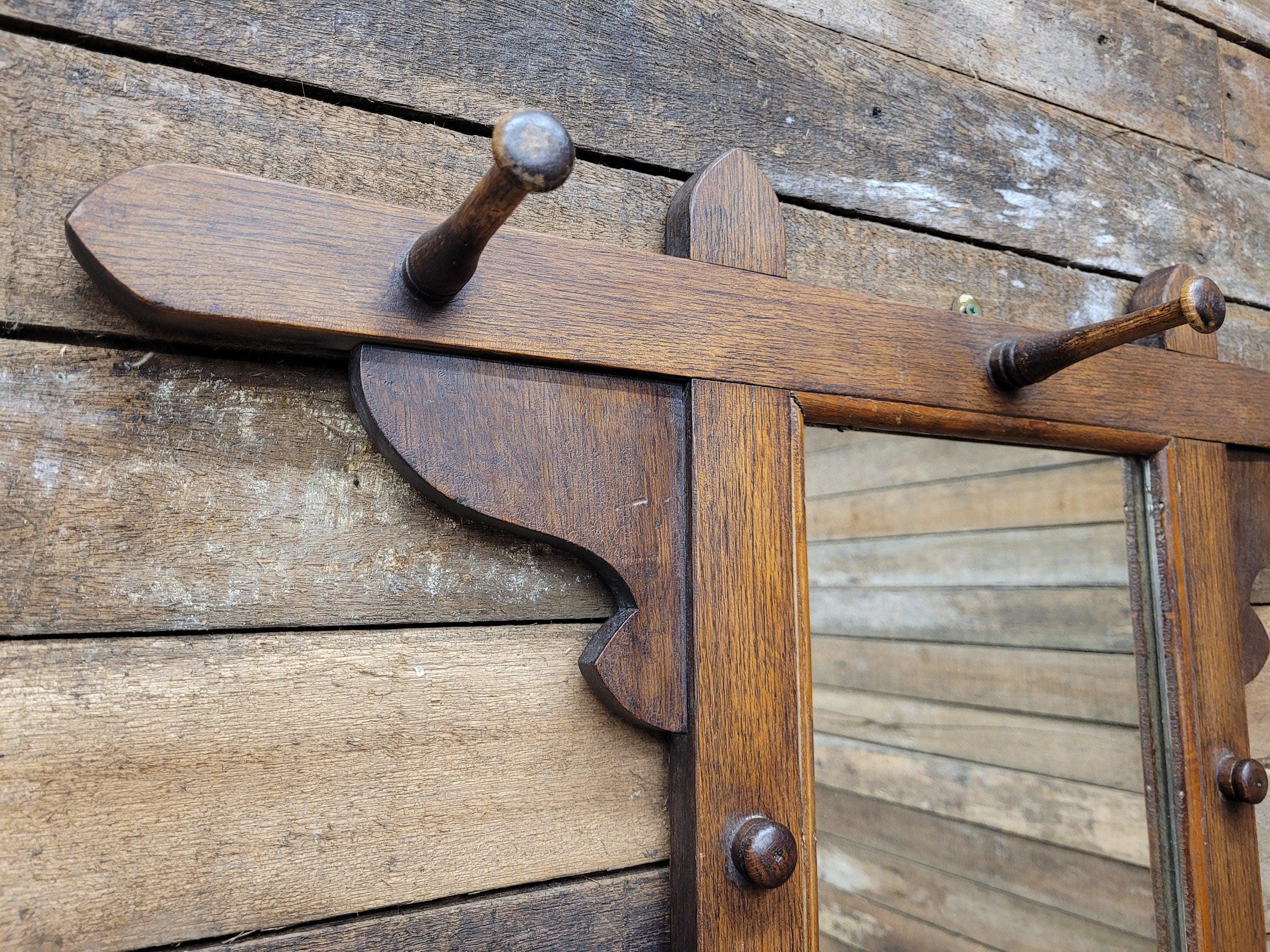 Antique Arts And Craft Oak Wall Mirror With Coat Hat Pegs
