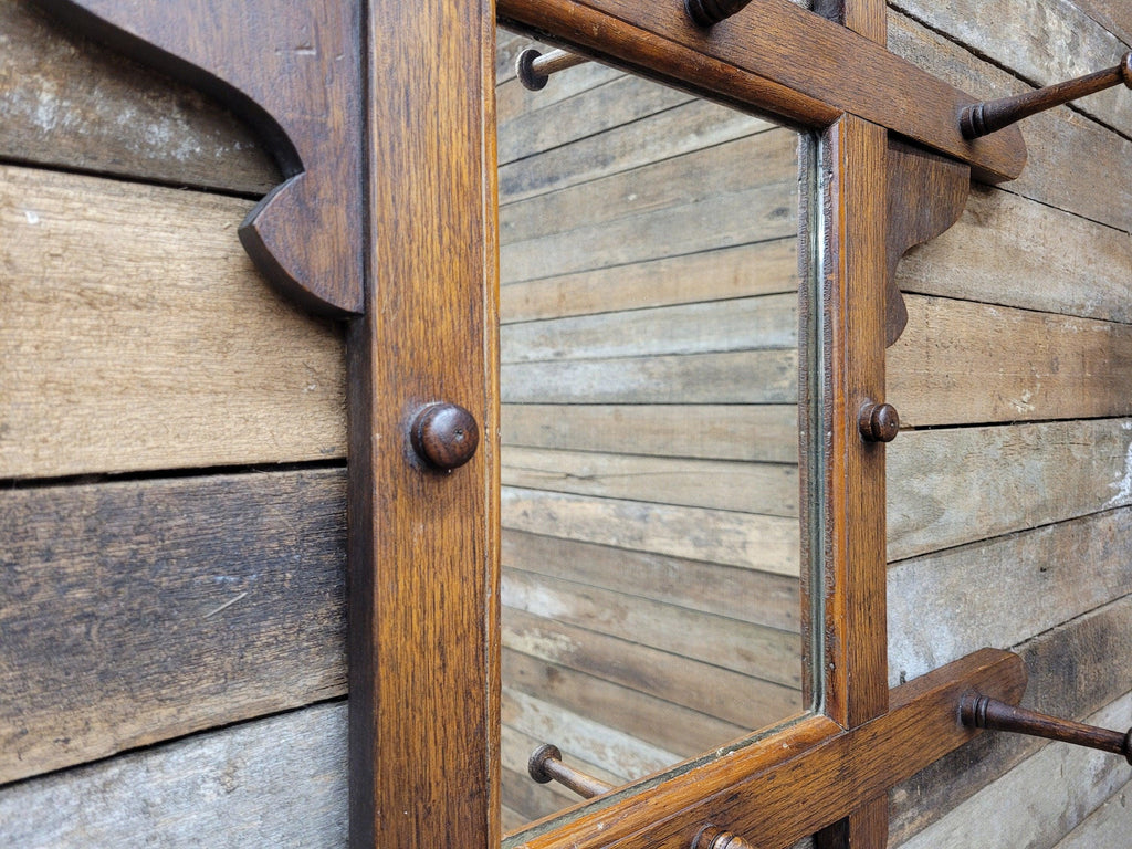Antique Arts And Craft Oak Wall Mirror With Coat Hat Pegs