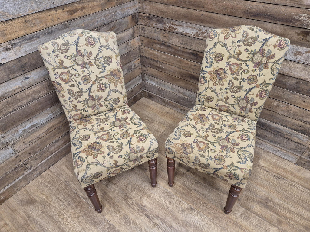 Two Country House Style Ducal Dining Chairs Beige Floral Fabric