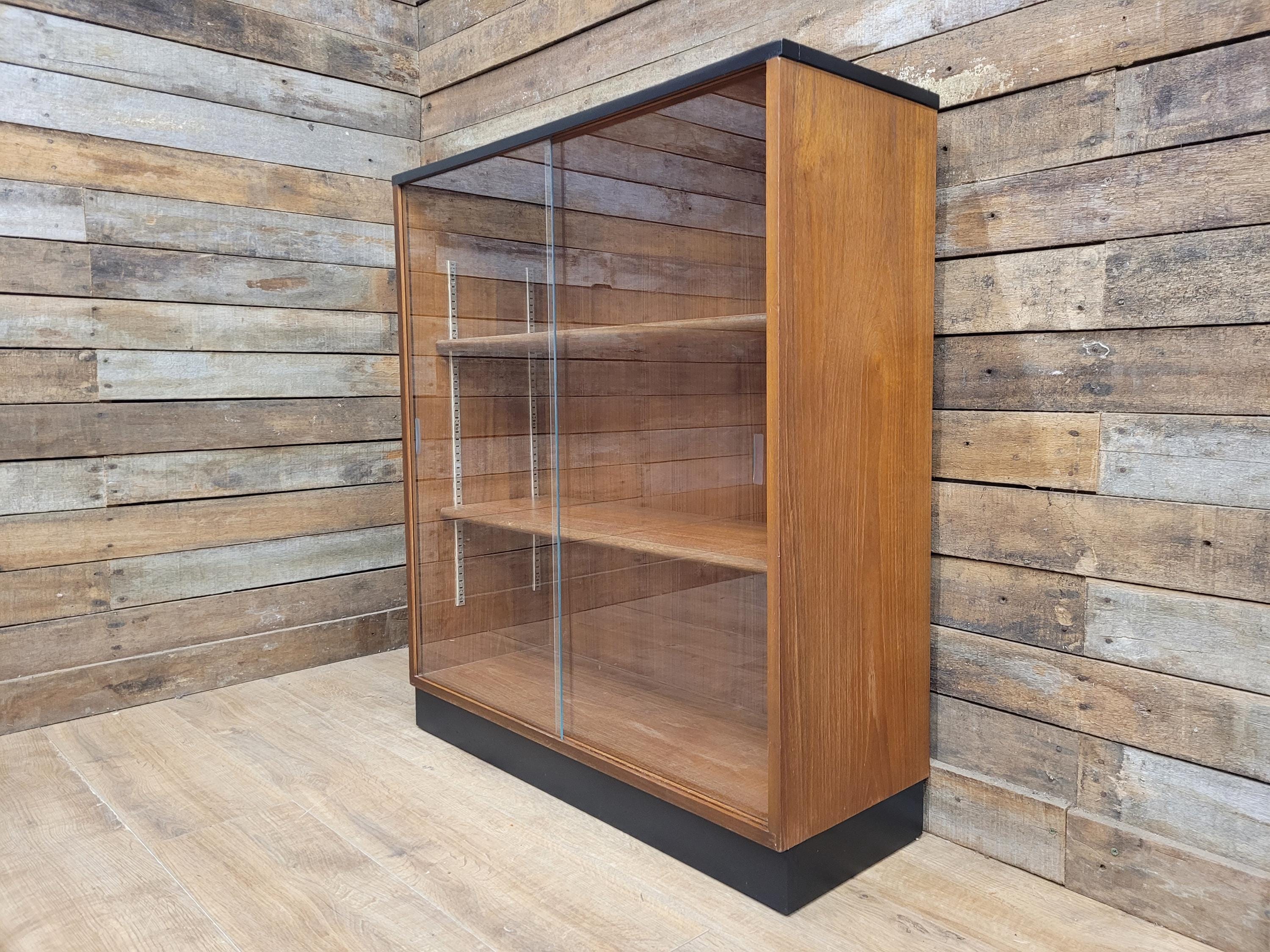 Mid Century Up Cycled Teak Glazed Bookcase Two Adjustable Shelves Black Detail