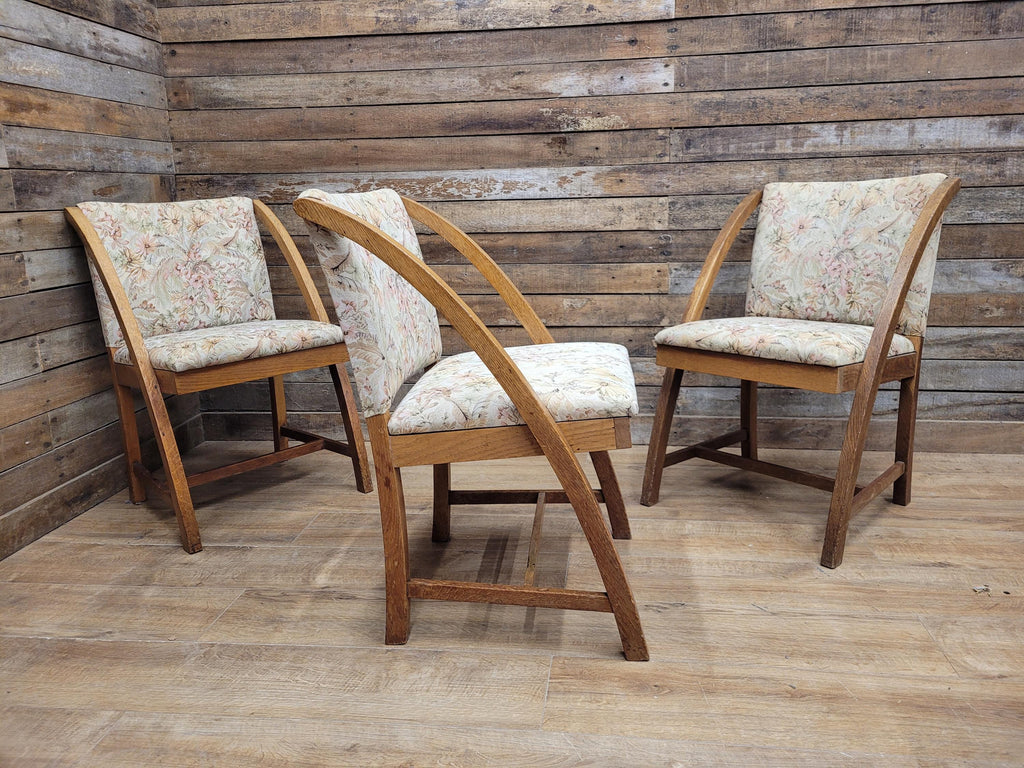 Vintage Oak Mid Century Arched Dining Chairs Set of 3 Floral Upholstery