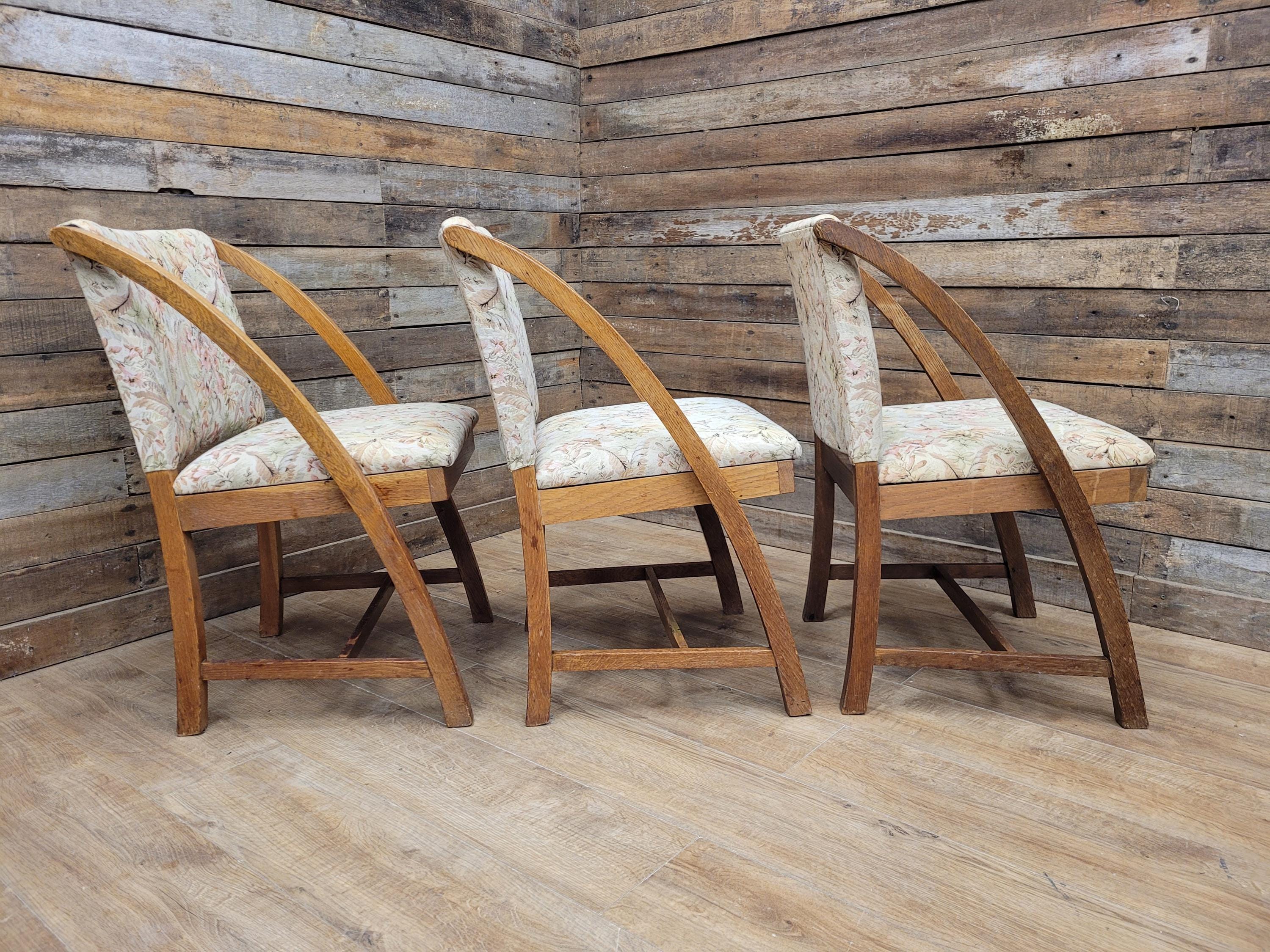Vintage Oak Mid Century Arched Dining Chairs Set of 3 Floral Upholstery