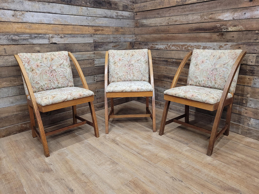 Vintage Oak Mid Century Arched Dining Chairs Set of 3 Floral Upholstery