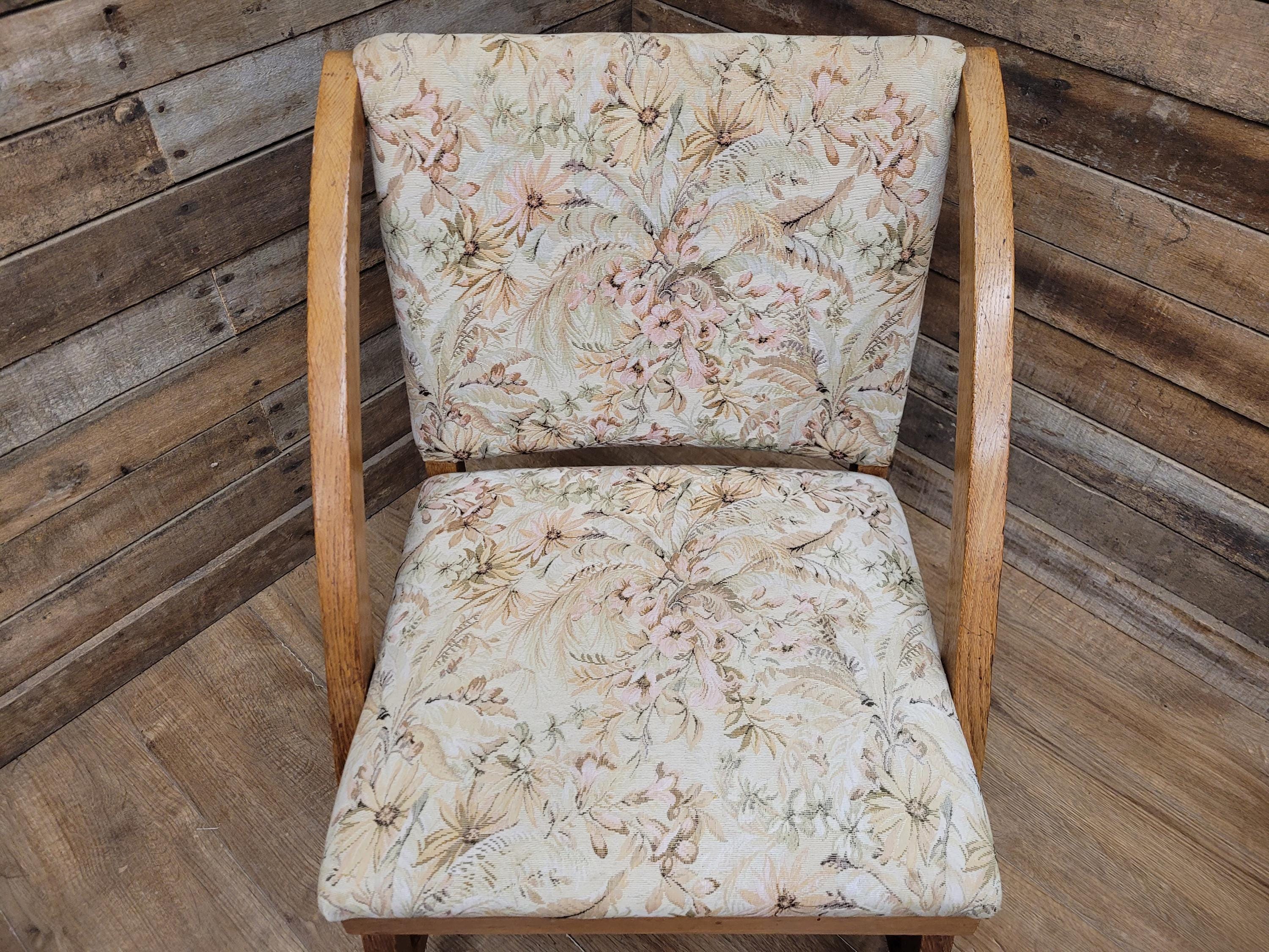 Vintage Oak Mid Century Arched Dining Chairs Set of 3 Floral Upholstery