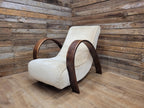 Vintage Art Deco Bentwood Lounge Chair Curved Oak Arms Beige Fabric