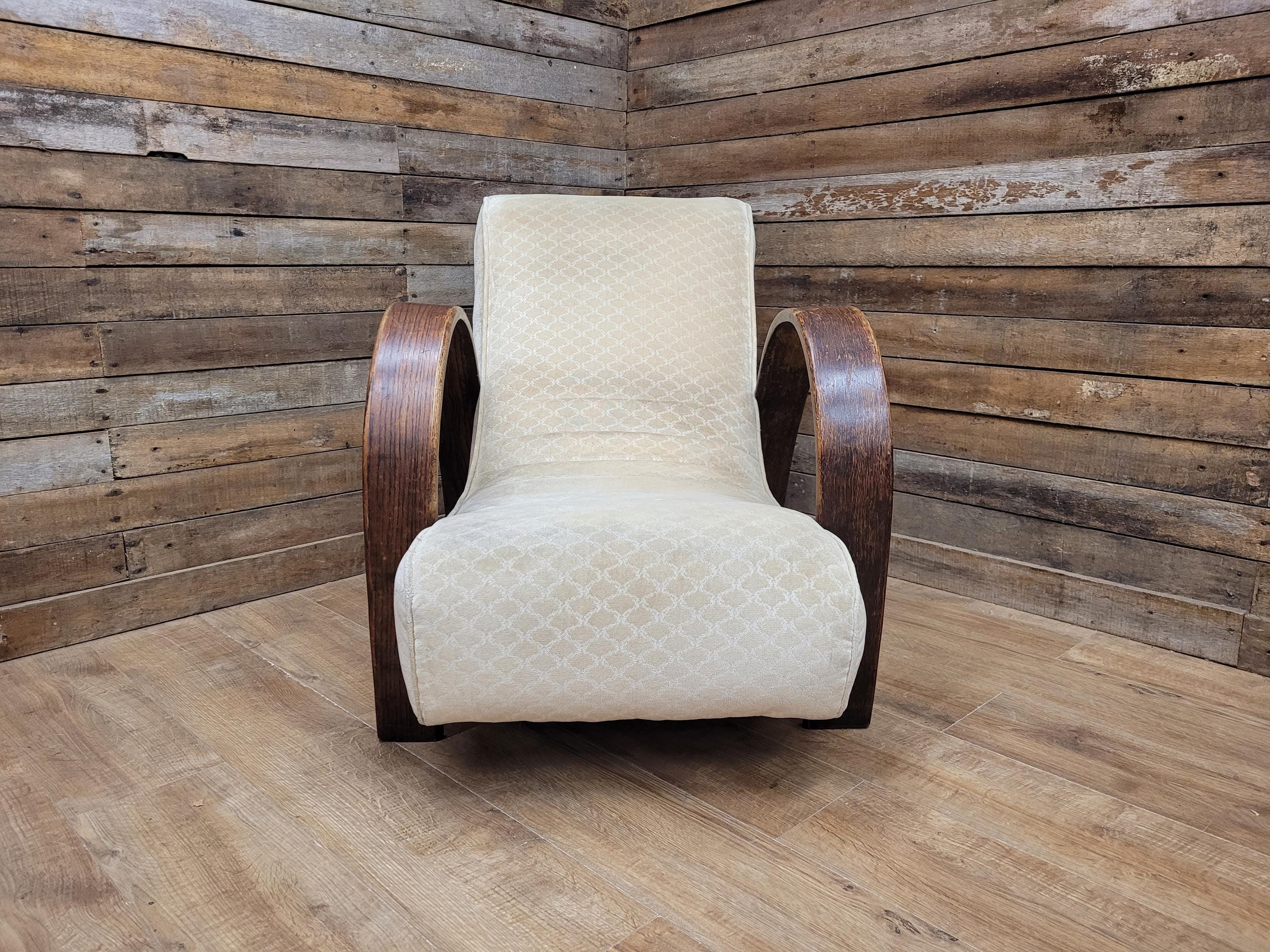 Vintage Art Deco Bentwood Lounge Chair Curved Oak Arms Beige Fabric
