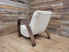 Vintage Art Deco Bentwood Lounge Chair Curved Oak Arms Beige Fabric