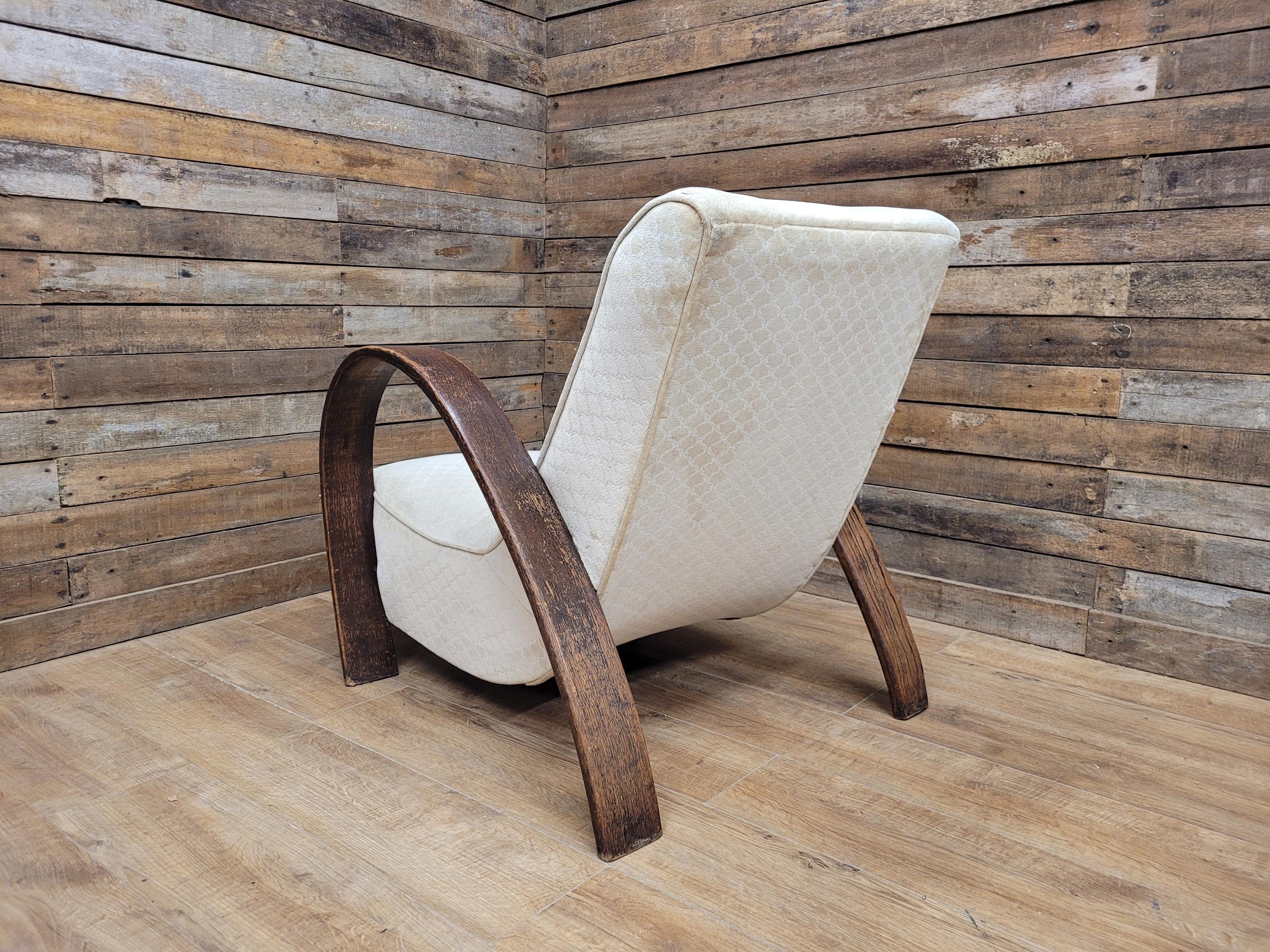 Vintage Art Deco Bentwood Lounge Chair Curved Oak Arms Beige Fabric