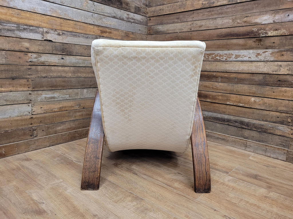 Vintage Art Deco Bentwood Lounge Chair Curved Oak Arms Beige Fabric