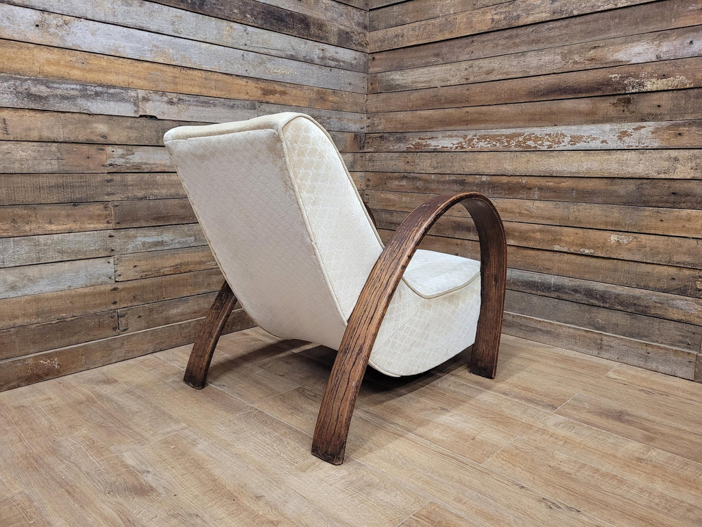 Vintage Art Deco Bentwood Lounge Chair Curved Oak Arms Beige Fabric