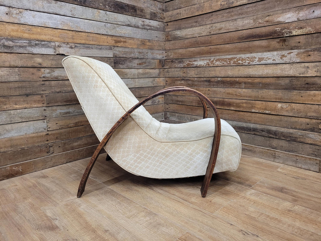 Vintage Art Deco Bentwood Lounge Chair Curved Oak Arms Beige Fabric