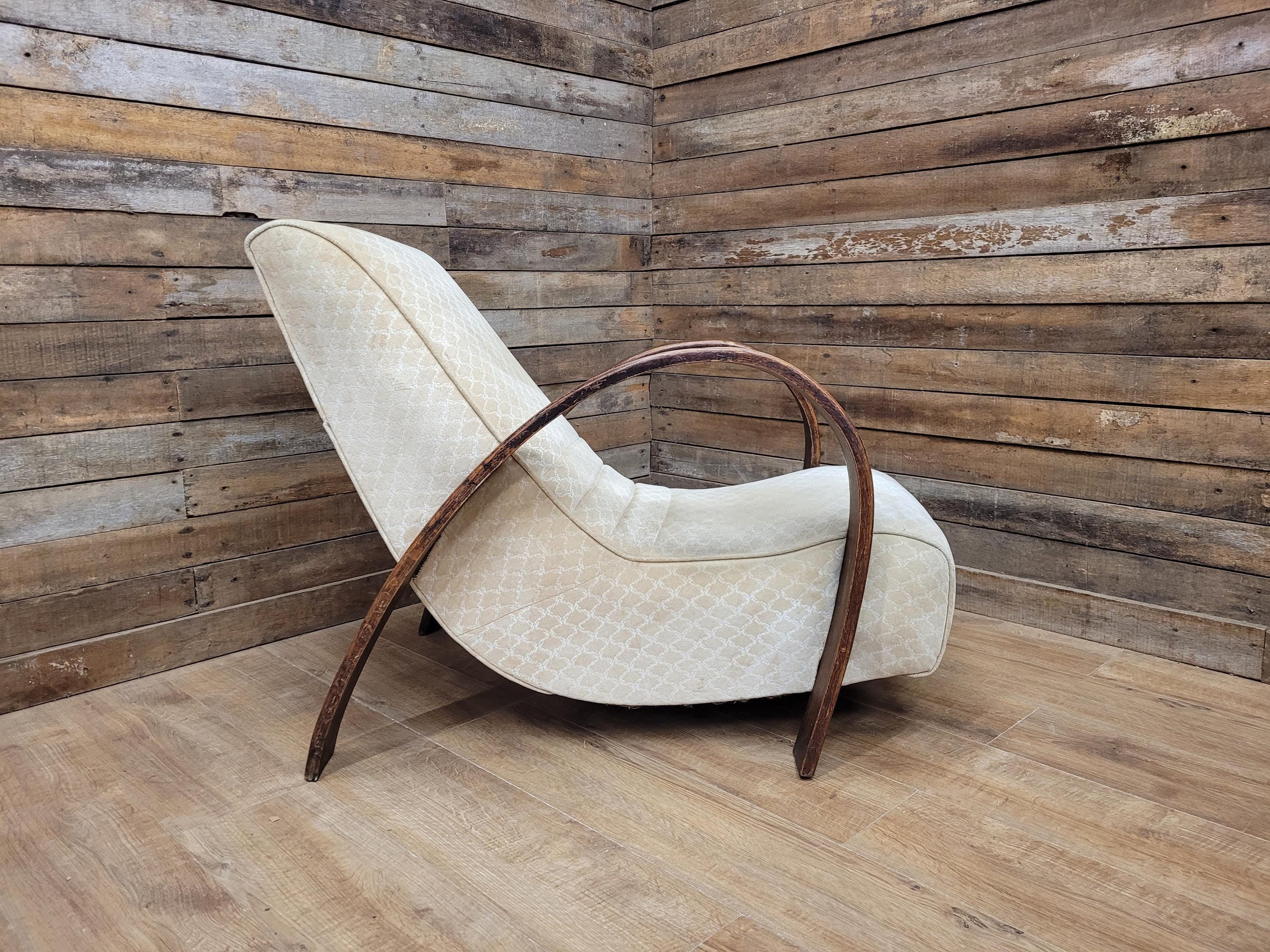 Vintage Art Deco Bentwood Lounge Chair Curved Oak Arms Beige Fabric