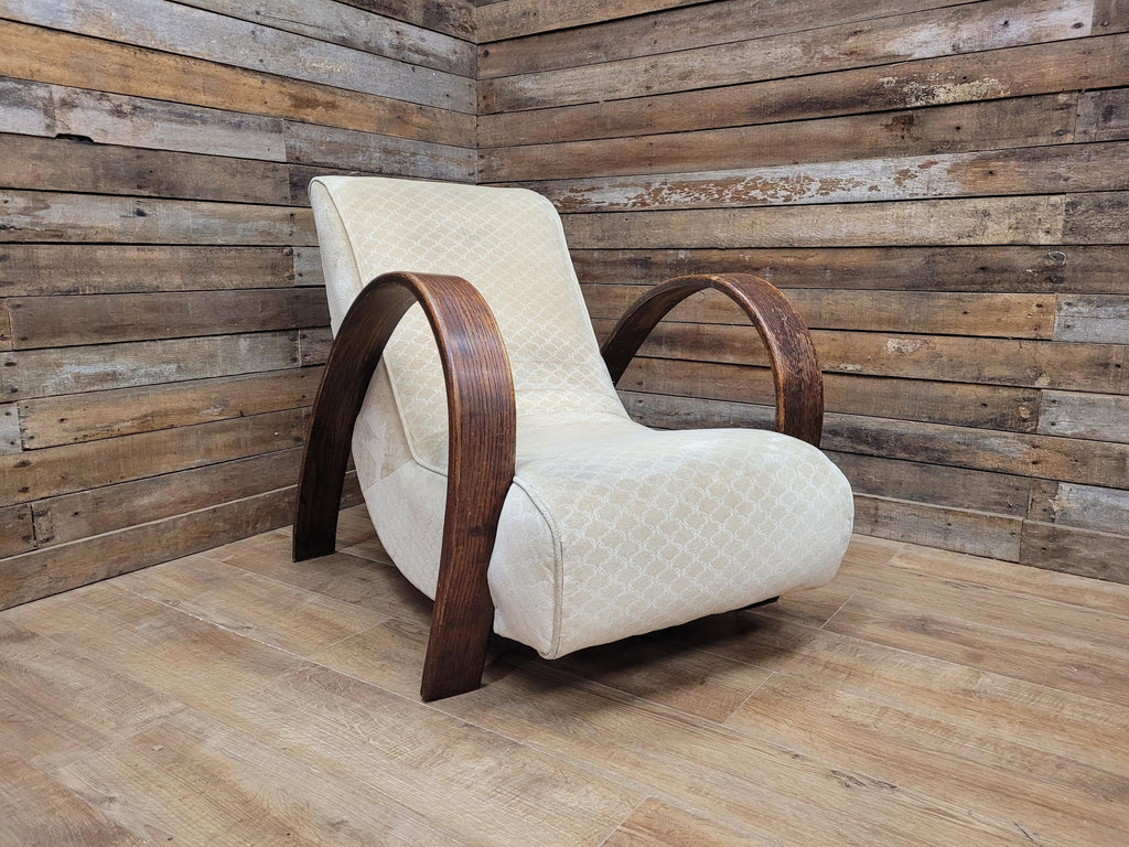 Vintage Art Deco Bentwood Lounge Chair Curved Oak Arms Beige Fabric